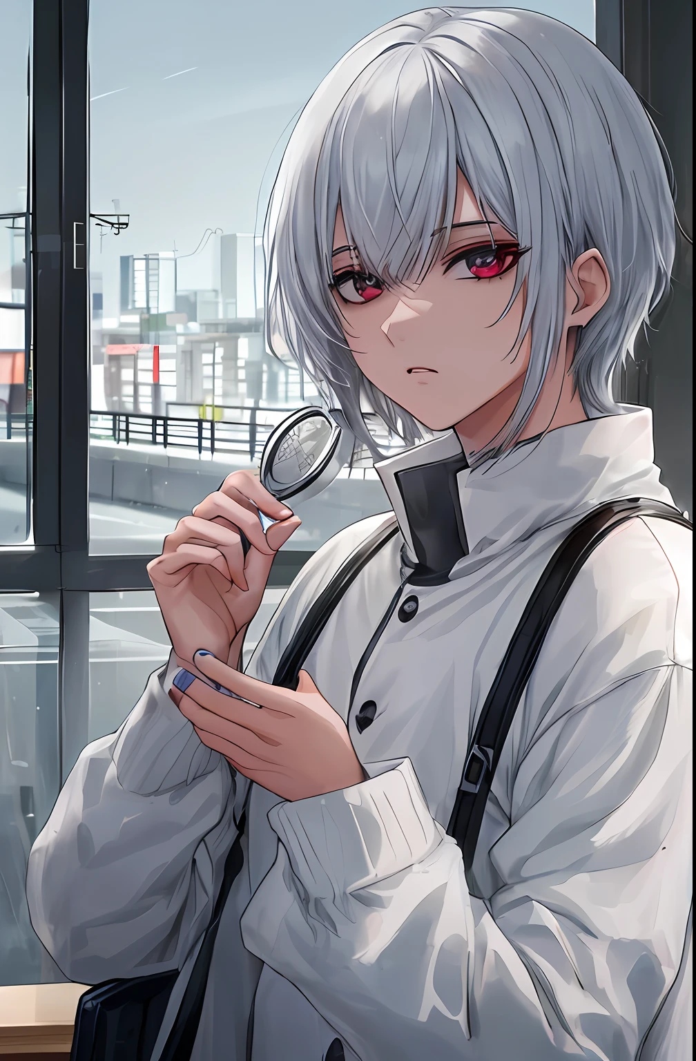 kk, melhor qualidade, mais detalhes, obra-prima, 1boy, kaneki ken, retrato, foco masculino, olhos sharingan, solo, franja, olhando para o espectador, capuz preto, cabelo curto, chuva, tokyo tokyo \(cidade\), capuz, nail polish, cabelo branco, luxuoso, 8k, detalhado, ray tracing, profundidade de campo, cinematic lighthing,