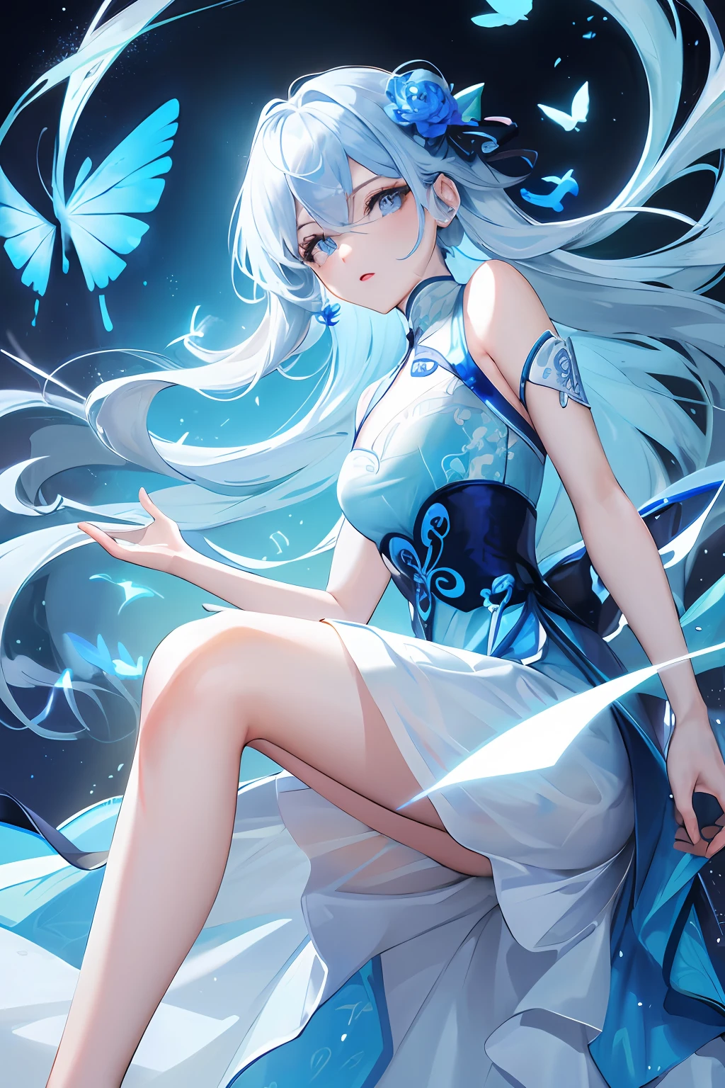 Glowing blue butterfly,Blue cheongsam,1girll,blue colors,Long white hair, Masterpiece, Best quality,A high resolution,Detail enhancement,best qualtiy,Perfect image quality,Cool and elegant,Beautiful and gentle