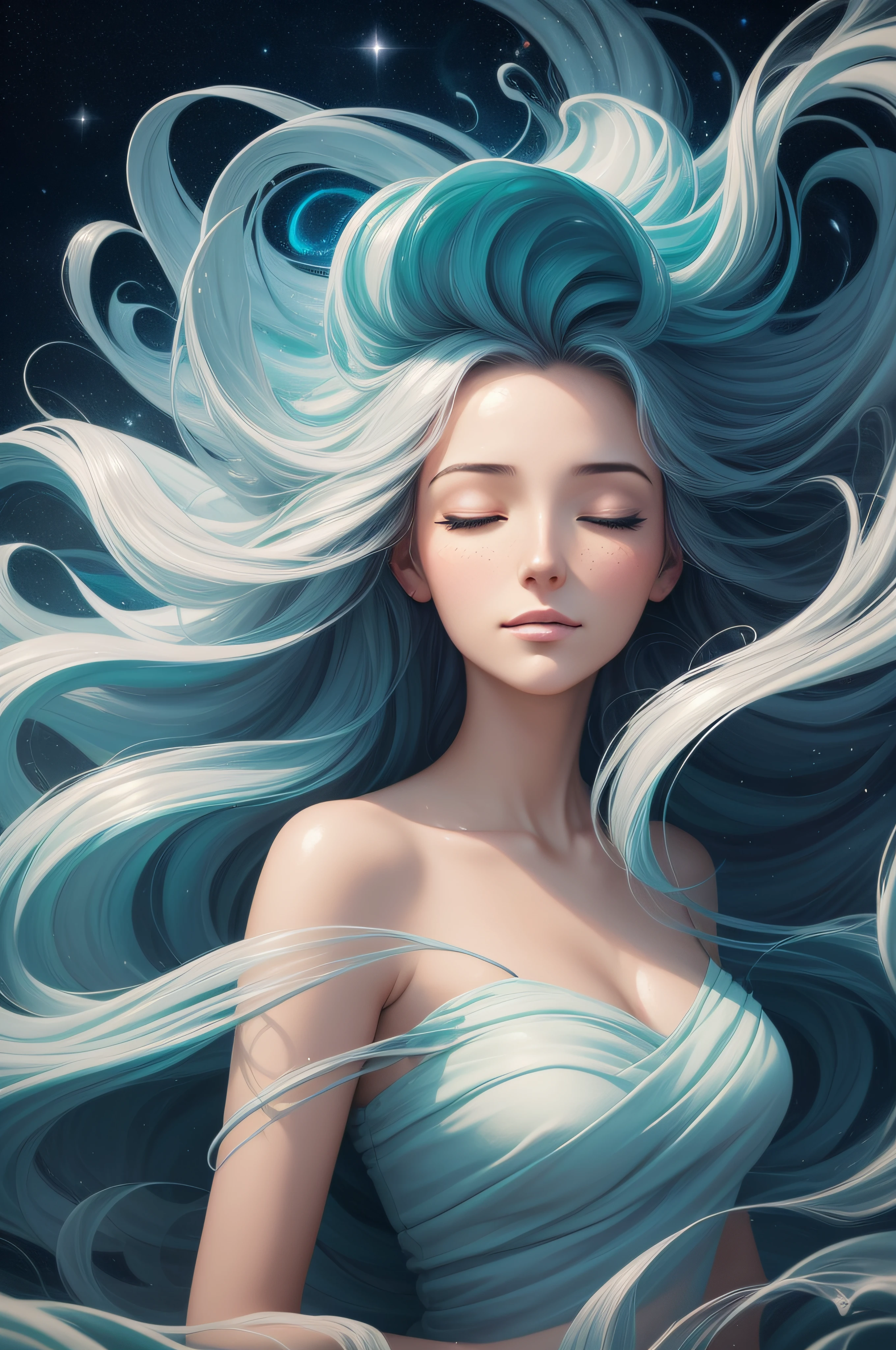 painting of a woman with her eyes closed and her hair blowing in the wind, softly swirling magical energy, channeling swirling energy, swirling magical energy, swirling water cosmos, by Cyril Rolando, swirling flows of energy, in the astral plane ) ) ), dreamlike digital painting, inspired by Cyril Rolando, ' lost in a lucid dream, dreaming face