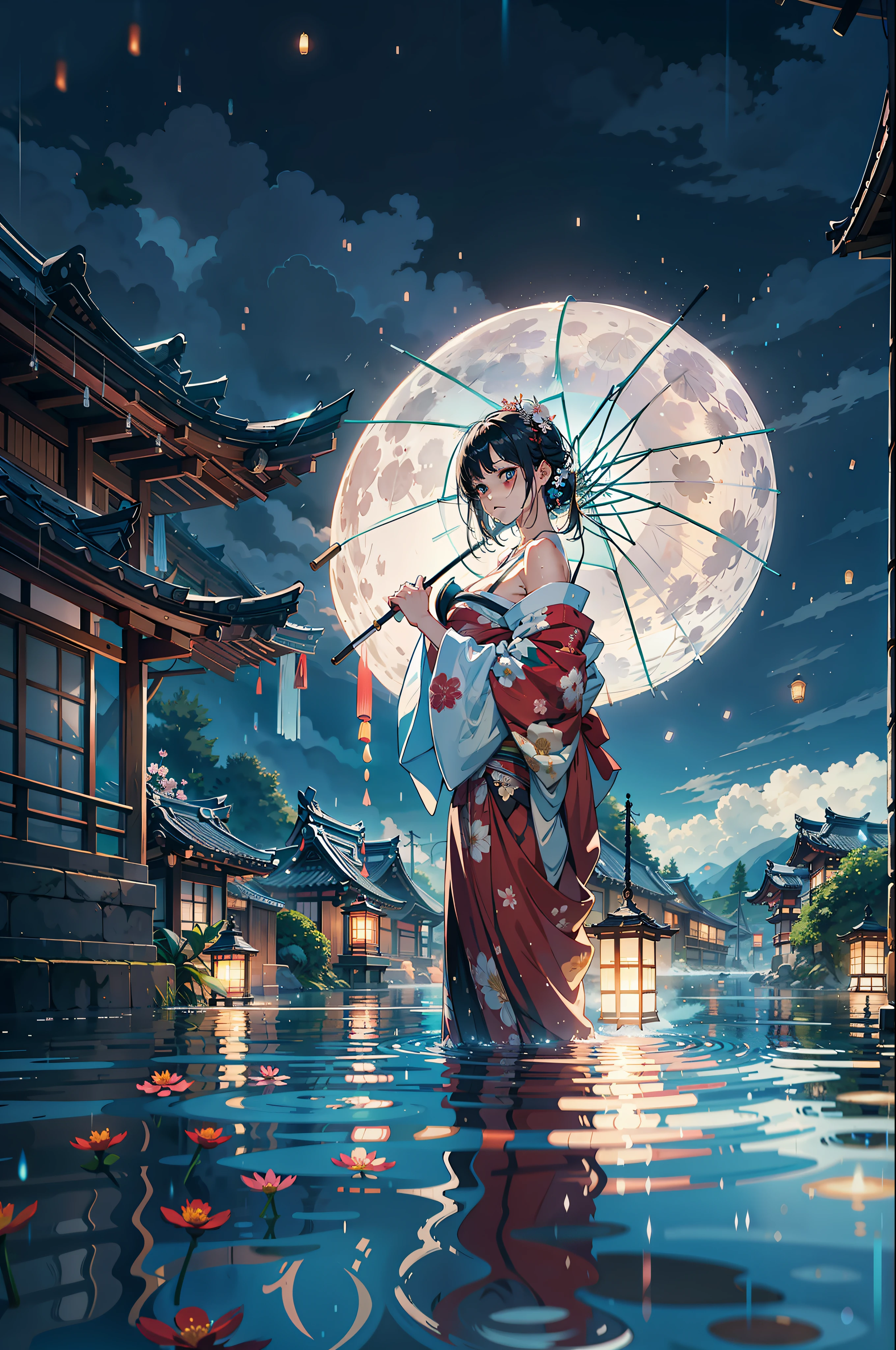 1girl, breasts, moon, lantern, night, solo, large breasts, hair ornament, wet, kimono, japanese clothes, wading, water, hair flower, flower, outdoors, sky, full moon, rain, black hair, off shoulder, mountain, cloud, holding, sash, bare shoulders, paper lantern, standing, white kimono, night sky, sideboob, obi, wet clothes, bangs, tree, from side, reflection, short hair, cloudy sky, wet hair (((masterpiece),(extremely detailed CG unity 8k wallpaper),best quality,,solo,1girl,cinematic lighting,detailed background,beautiful detailed eyes,bright pupils, (an extremely delicate and beautiful),(Beautiful and detailed eye description), ultra-detailed,masterpiece,)),