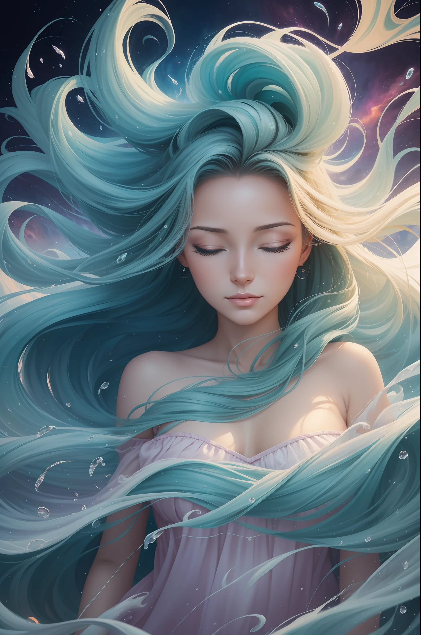 painting of a woman with her eyes closed and her hair blowing in the wind, softly swirling magical energy, channeling swirling energy, swirling magical energy, swirling water cosmos, by Cyril Rolando, swirling flows of energy, in the astral plane ) ) ), dreamlike digital painting, inspired by Cyril Rolando, ' lost in a lucid dream, dreaming face