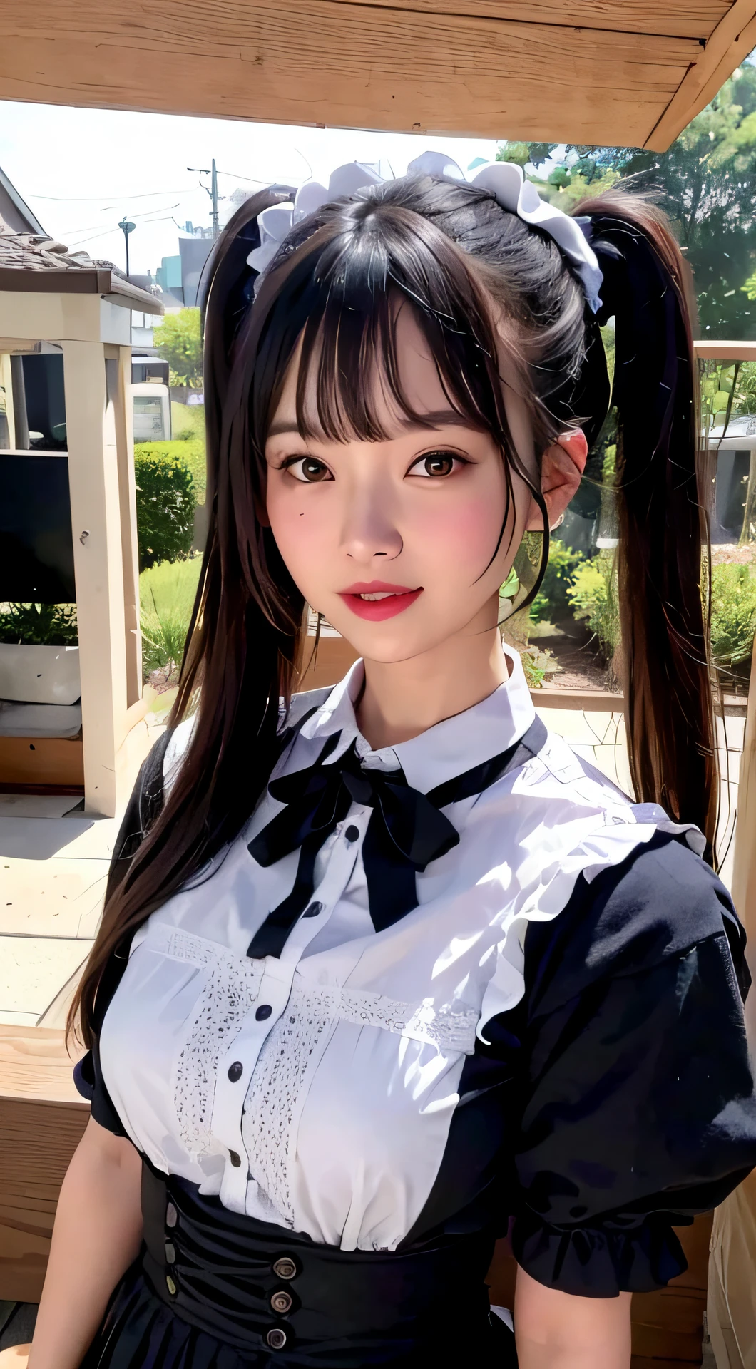 ((top-quality、in 8K、masterpiece:1.3, Photorealsitic:1.4, underground room)), Standing, Japanese high school girl, 1 female, A dark-haired, With bangs, Medium-sized breasts, ((Gothic ta, maid clothes, twintails hairstyle, Black eyes)), Highly detailed facial and skin texture, A detailed eye, Detailed lips、Highly detailed hair depiction, Natural makeup:1.2, A smile
