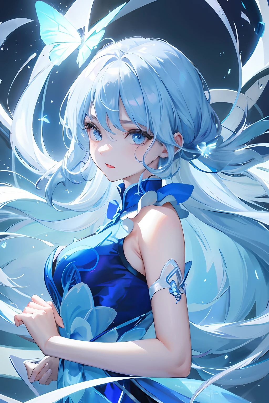 Glowing blue butterfly,Blue cheongsam,1girll,blue colors,Long white hair, Masterpiece, Best quality,A high resolution,Detail enhancement,best qualtiy,Perfect image quality,Cool and elegant,Beautiful and gentle