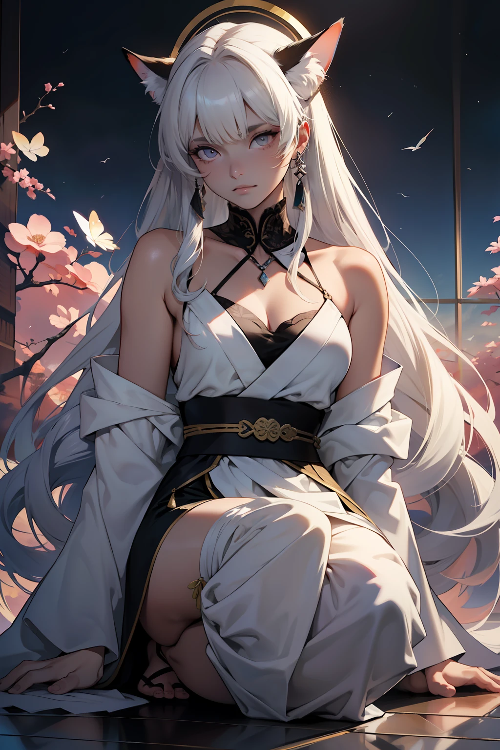 ((melhor qualidade)), ((obra-prima)), (altamente detalhado:1.3) a pale, tall woman, ela parece a Gobodo-sama (inu-yasha) esguia usando um quimono preto surrado, Her hair is white and long and goes all the way to the floor so big, e tem mariposas o enfeitando, She is on a plain with blood-colored sky Japan Black Moon, olhos vermelhos, albina, Feeric,atmosfera assustadora