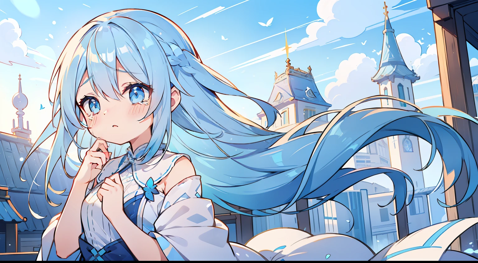 One girl、Latticed sky、Light blue and blue gradient hair、Gradient Hair、cute little、Very long hair、On the rooftop、morning、light blue  eyes、turned around、crying how bright、Fluttering hair、Fluttering clothes、​masterpiece、Top image quality、top-quality、blue-sky、