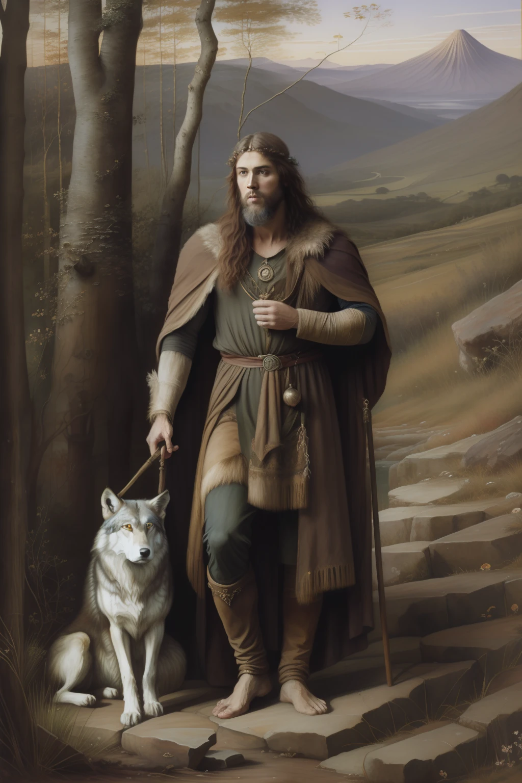 "(Pre-Raphaelite-style painting of a druid wearing wolf's skin, rustic man, velho, pele de lobo, noite)"