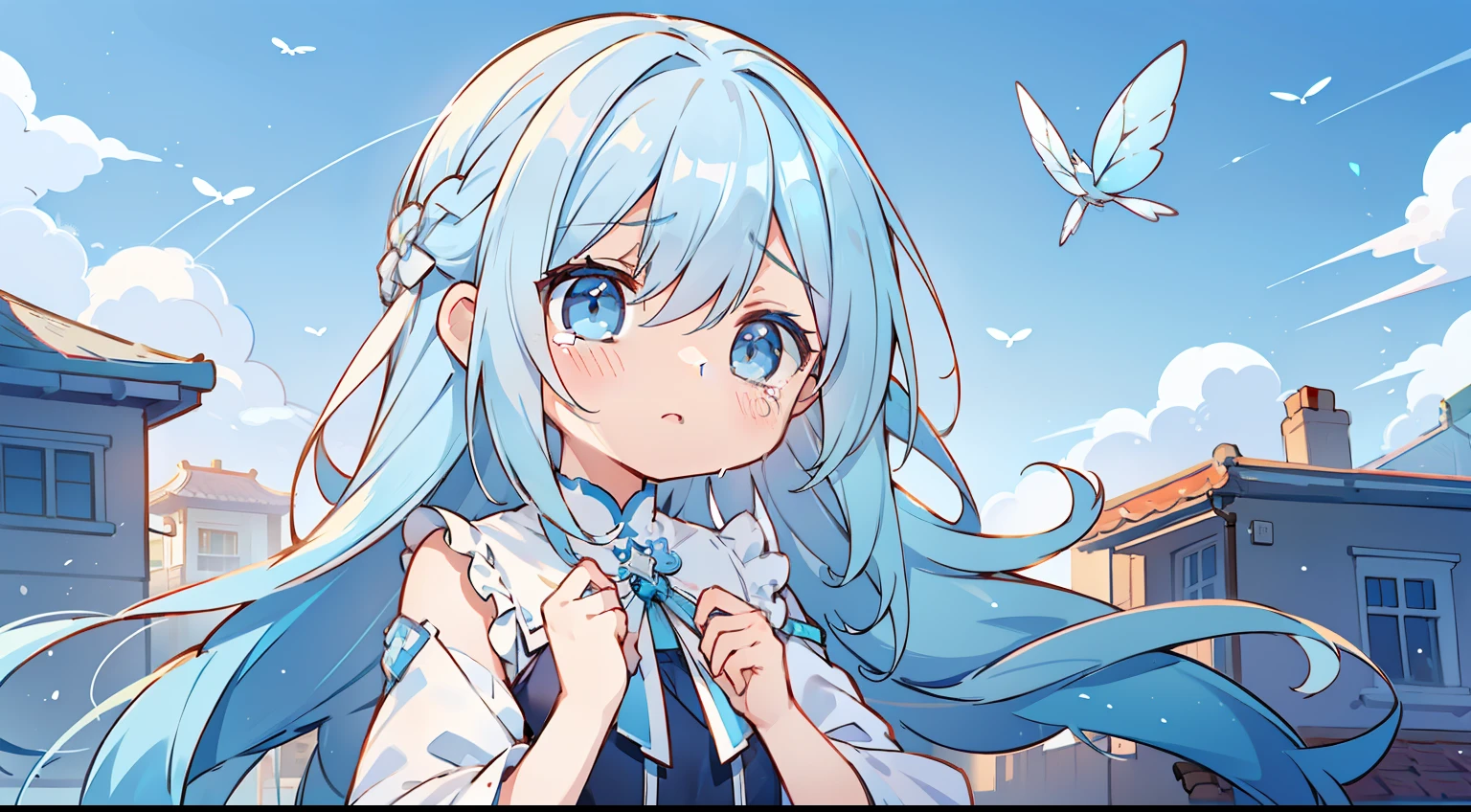 One girl、Latticed sky、Light blue and blue gradient hair、Gradient Hair、cute little、Very long hair、On the rooftop、morning、light blue  eyes、turned around、crying how bright、Fluttering hair、Fluttering clothes、​masterpiece、Top image quality、top-quality、blue-sky、