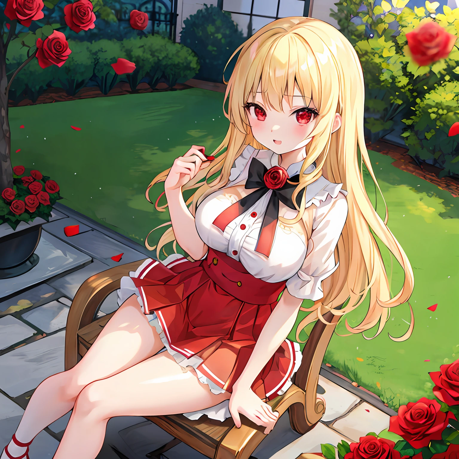 Wavy blonde、red eyes、One pretty girl、独奏、animesque、a miniskirt、A sexy、rose garden、Sitting on a chair