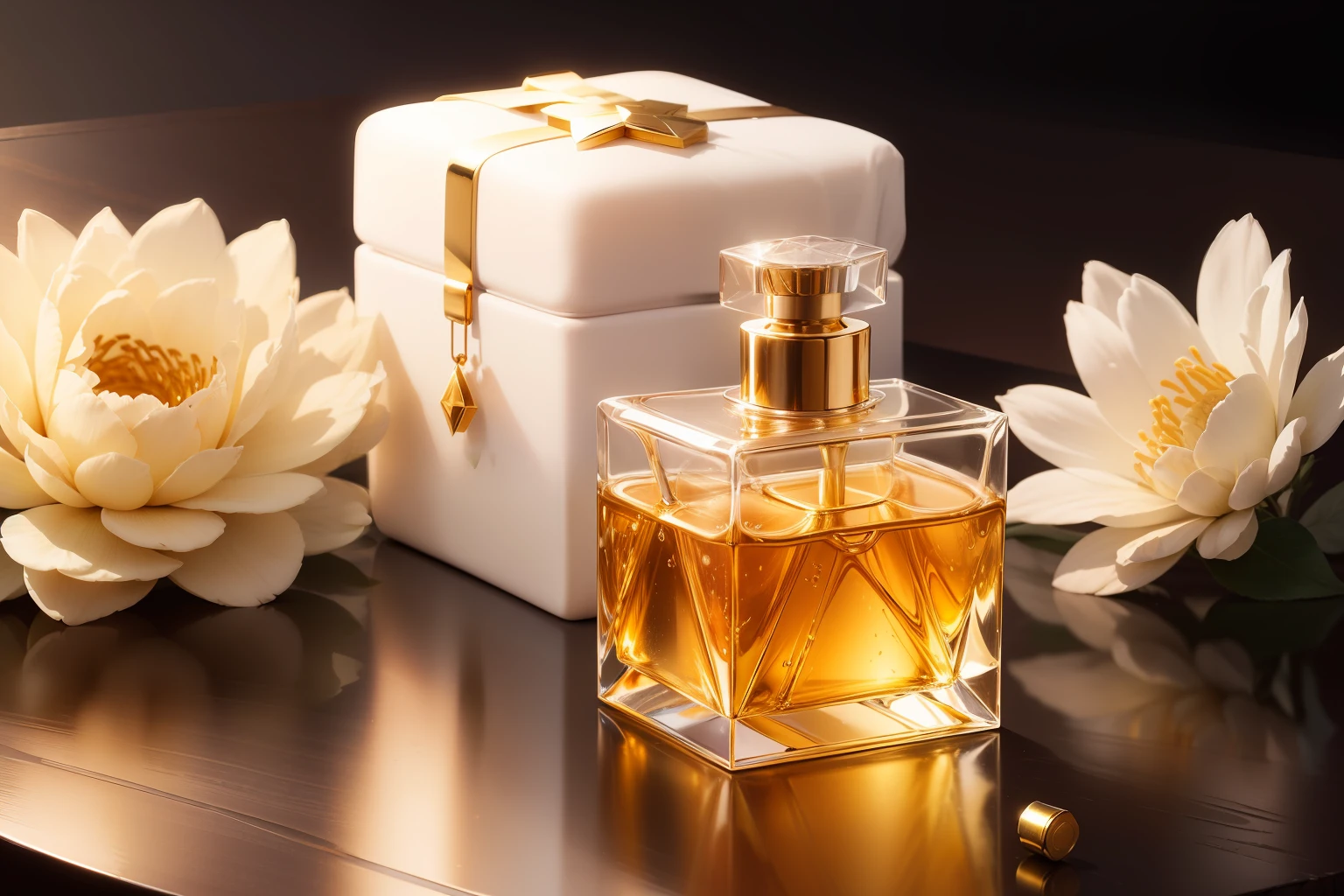 A perfume glass bottle that is captured in high resolution and detail. It has a square body and a gold cap. It is filled with a clear liquid that smells like vanilla. The bottle is placed on a white marble table with other accessories, such as jewelry, makeup, and flowers. The lighting is soft and natural.