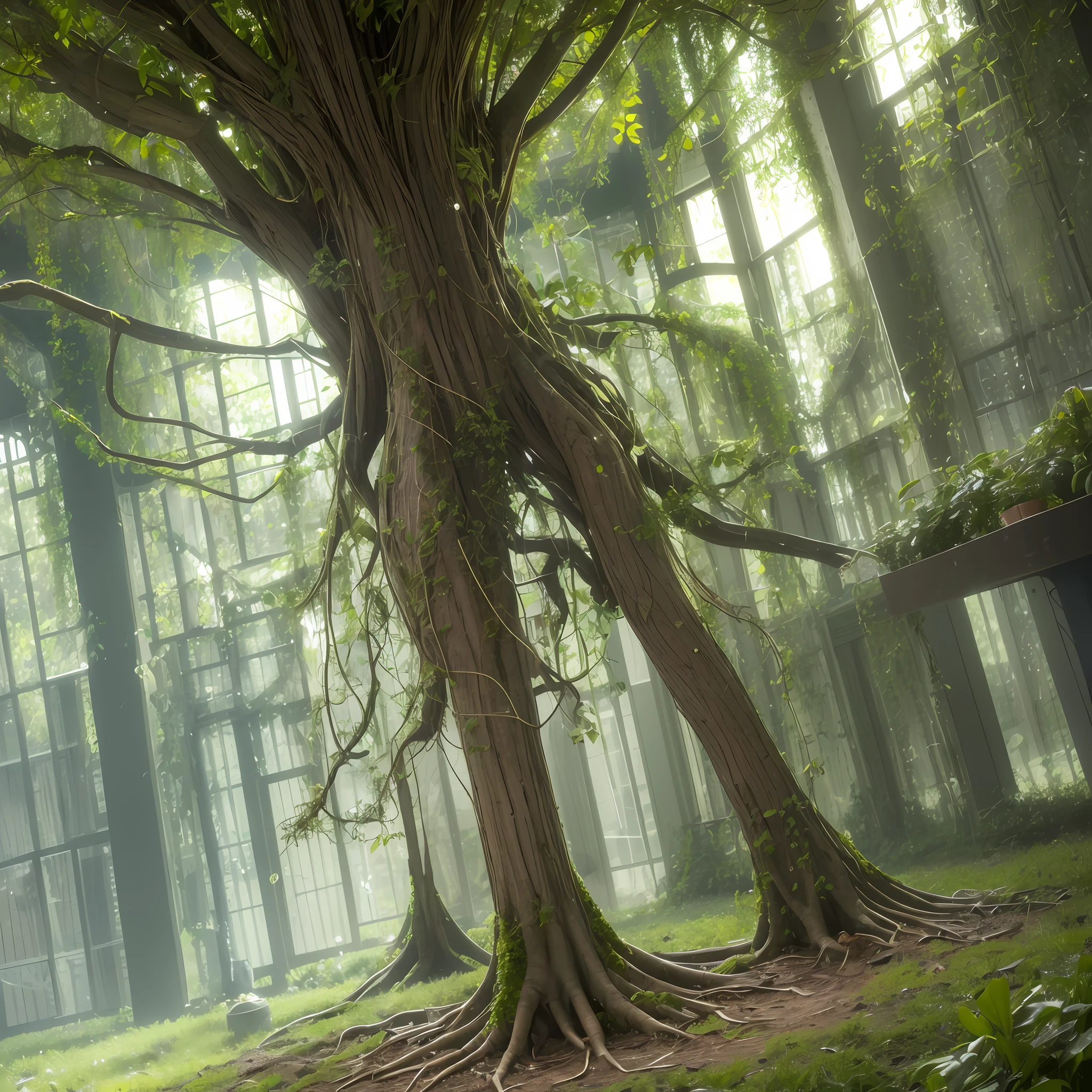 A humanoid plant. She has arms that extend down to her feet. Its feet are shaped like roots. This being has no neck and instead of a head a crown that resembles a treetop. Its height is one meter and it is planted in a square vase that is located in a completely empty room with steel walls. --auto --s2