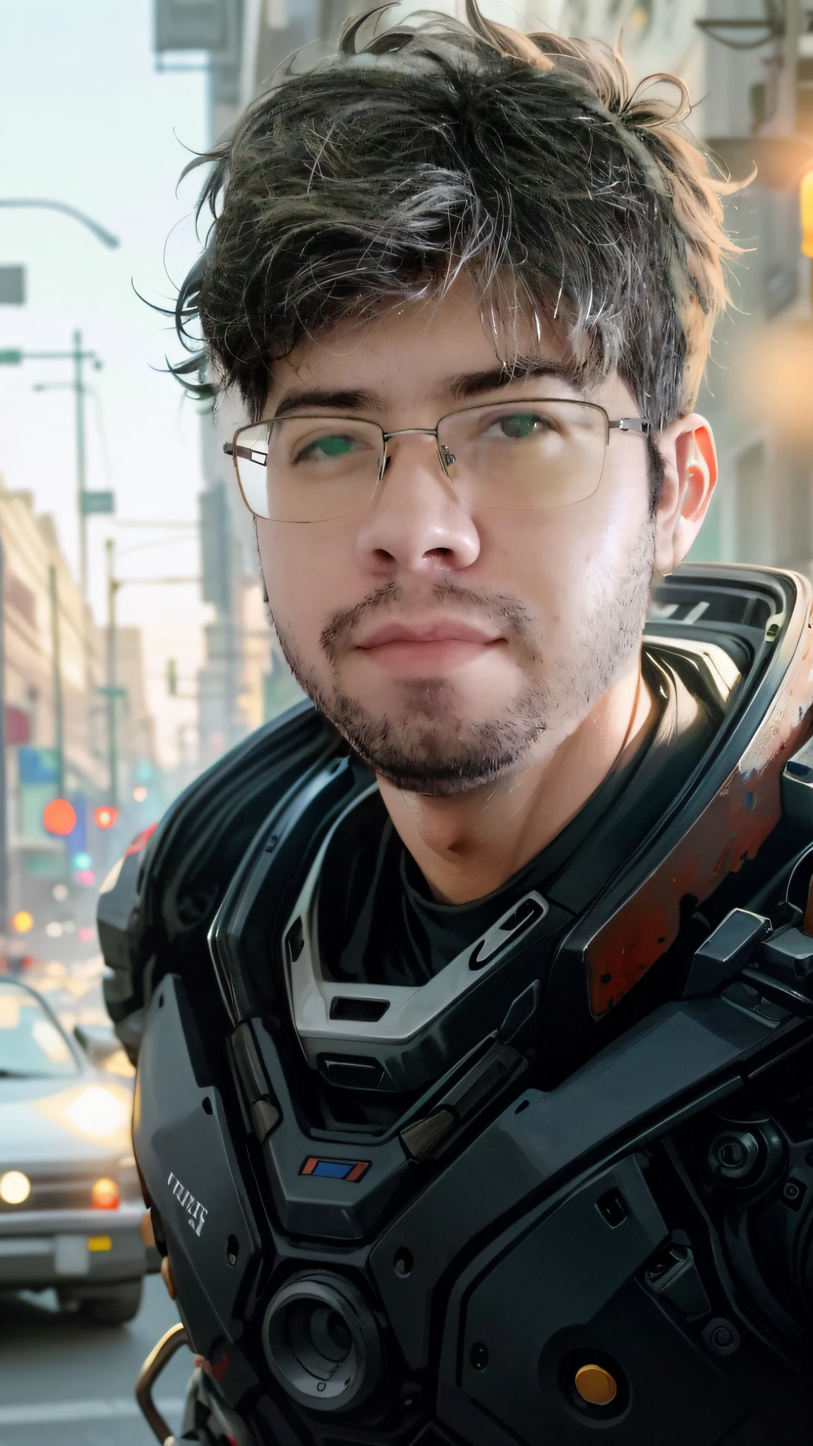 Portrait photo of an handsome male  ,perfect eyes ,  in a worn mecha exosuit,((light bokeh)), intricate, (steel metal [rust]), elegant, sharp focus, photo by greg rutkowski, soft lighting, vibrant colors, masterpiece, ((streets)), detailed face