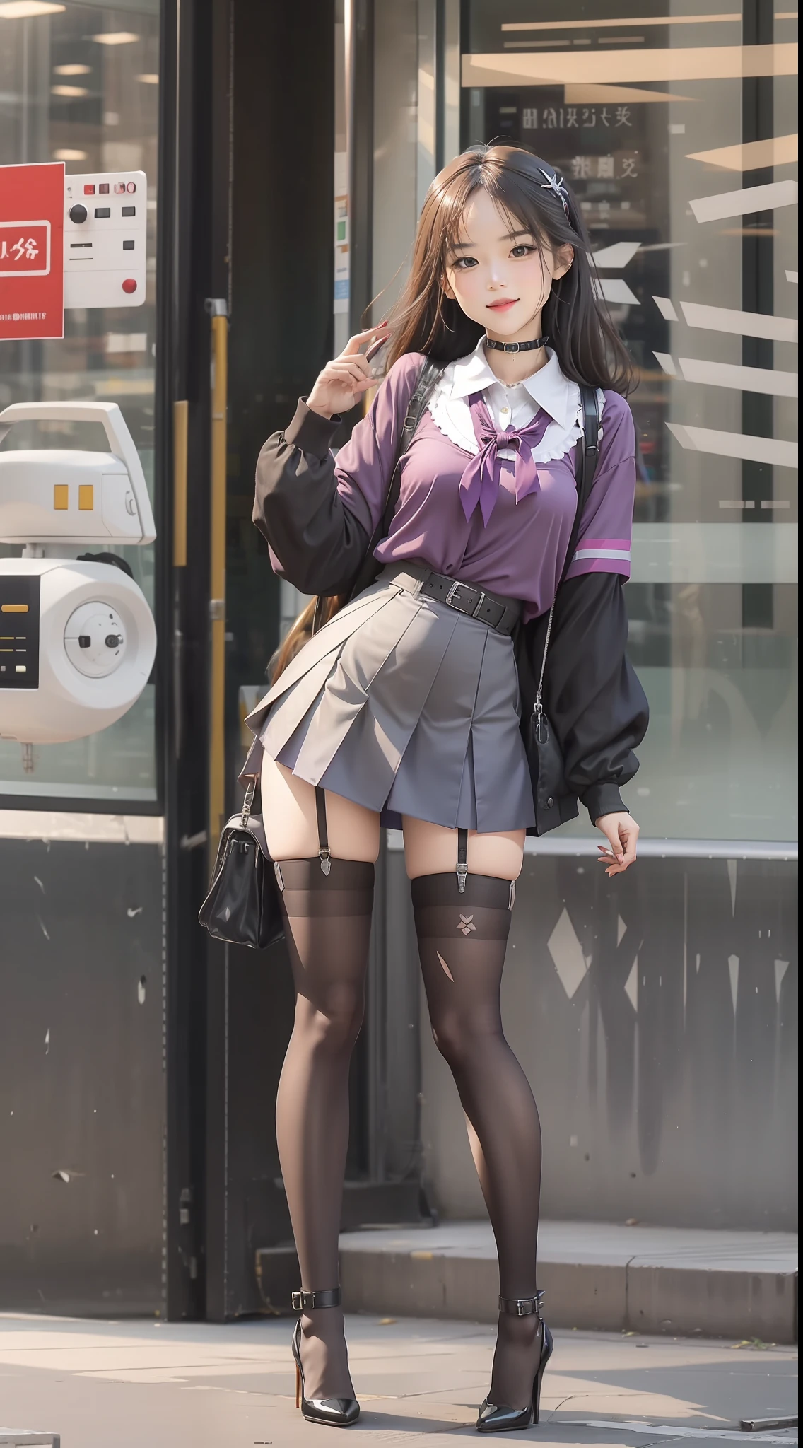 Splitting characters is prohibited，(Full body shot:1.3), tarot cards，Must show your face, anatomy correct, high-heels,Stockings are mandatory, Colorful，j.K. School uniform print purple color scheme，Superskirt，strappy，Prop your hands back on the ground，Open your legs to reveal your panties，Complex and diverse backgrounds，Strangling effect, Stainless steel leg irons, Stainless steel leg ring, Stainless steel collar,Stainless steel shackles for heavy makeup, A shallow laugh, hyper HD, Ray traching, structurally correct, Award-Awarded, high detal, lightand shade contrast, Face lighting，cinmatic lighting, tmasterpiece, super detailing, high high quality, high detal, best qualityer, 16k