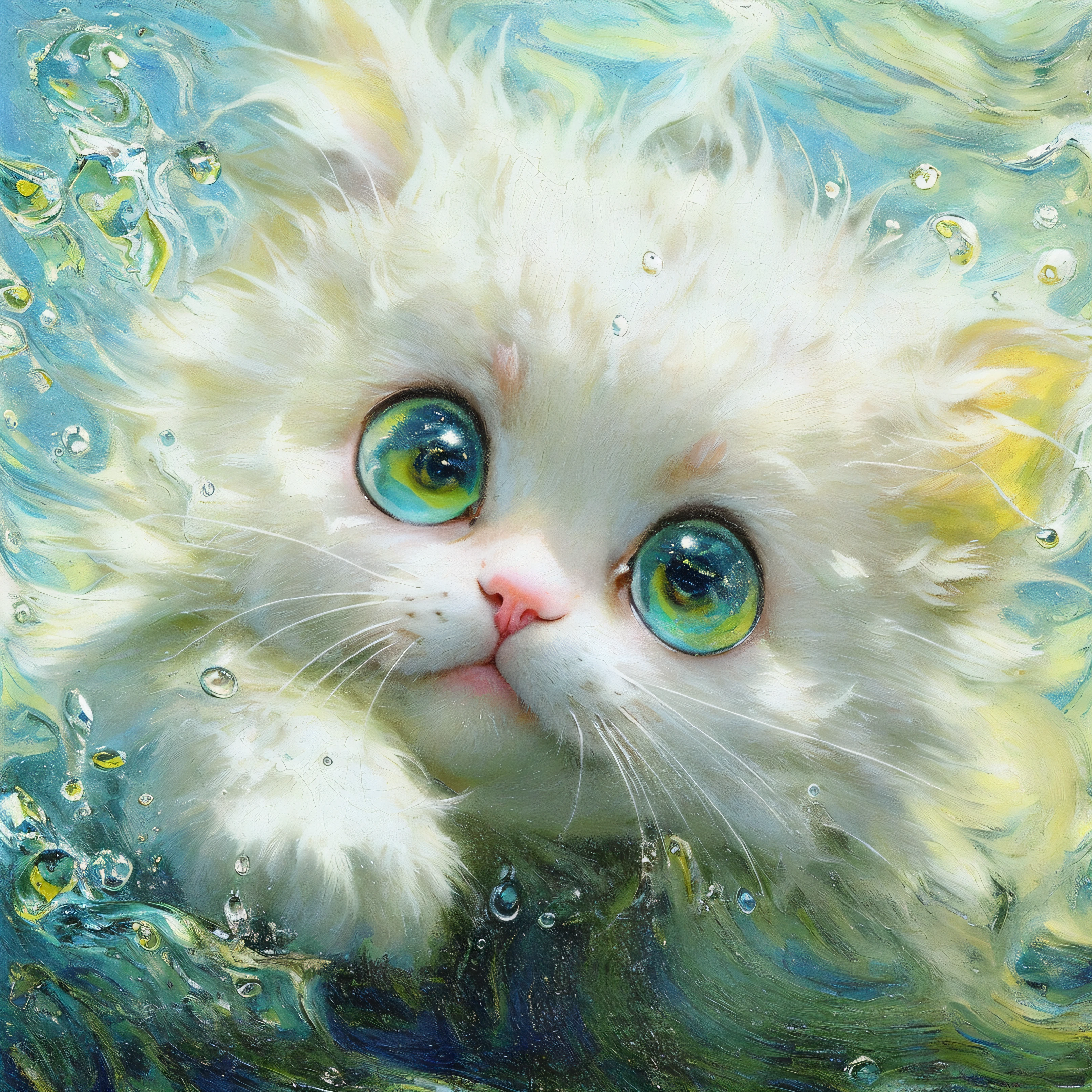 A little white kitten swimming underwater, eyebrows, smile, fantasy in Katsuhiro Otomo style, in realistic hyper-detail rendering style, glow, yellow blue, ultra-realistic oil painting, head close-up, exaggerated perspective, Tyndall effect water drops, pearlescent mother-color, holographic white, realistic---s400