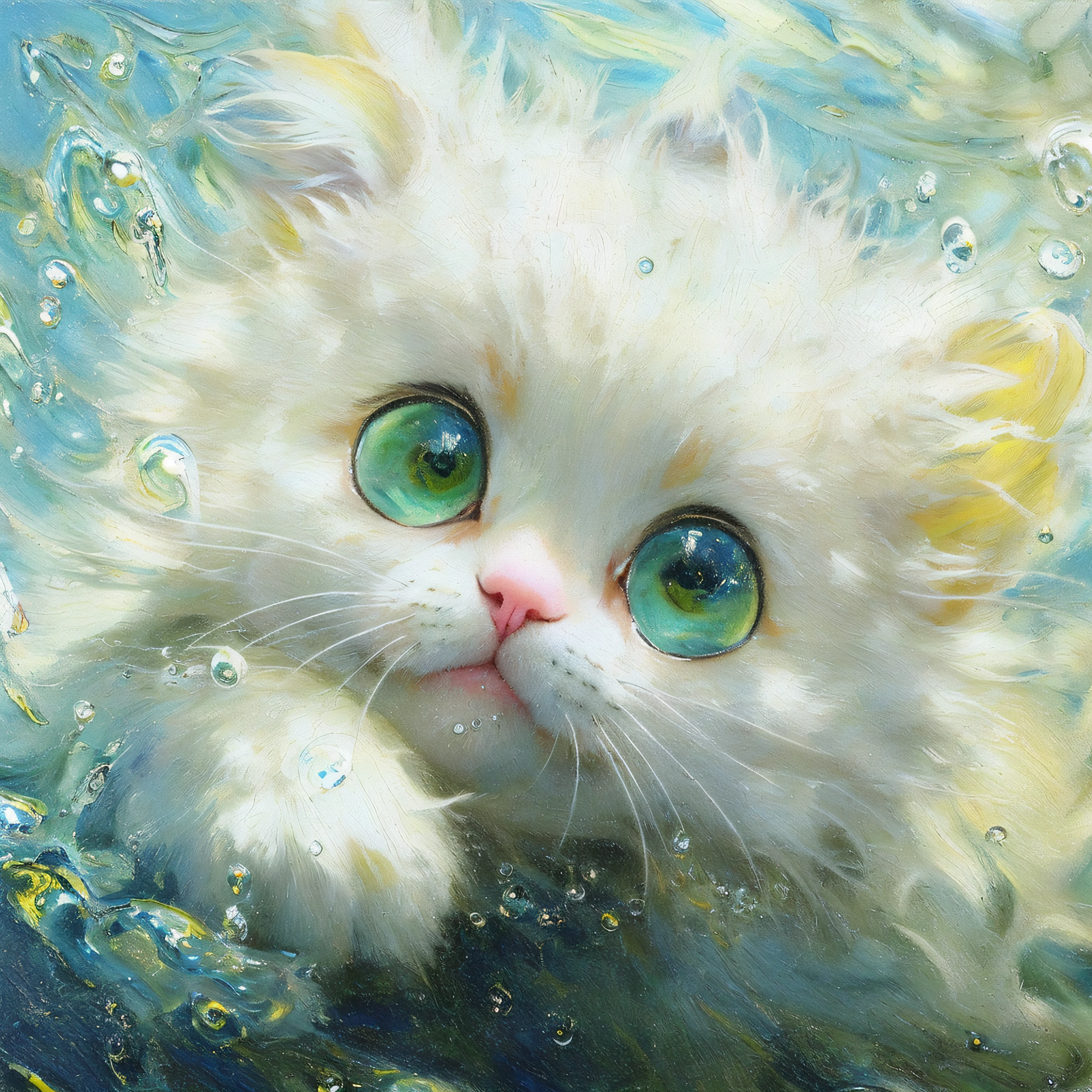 A little white kitten swimming underwater, eyebrows, smile, fantasy in Katsuhiro Otomo style, in realistic hyper-detail rendering style, glow, yellow blue, ultra-realistic oil painting, head close-up, exaggerated perspective, Tyndall effect water drops, pearlescent mother-color, holographic white, realistic---s400