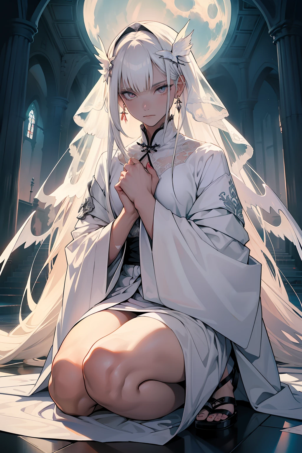 ((melhor qualidade)), ((obra-prima)), (altamente detalhado:1.3) A Most Tall Man, slender and albino with a delicate, androgynous face resembling Count D (petshop of horrors) ou o Rosiel (Angel Sanctuary) His hair is white and long and goes all the way to the floor so big, e tem mariposas o enfeitando, She is on a plain with blood-colored sky Japan Black Moon, olhos vermelhos, albina, Feeric,atmosfera assustadora