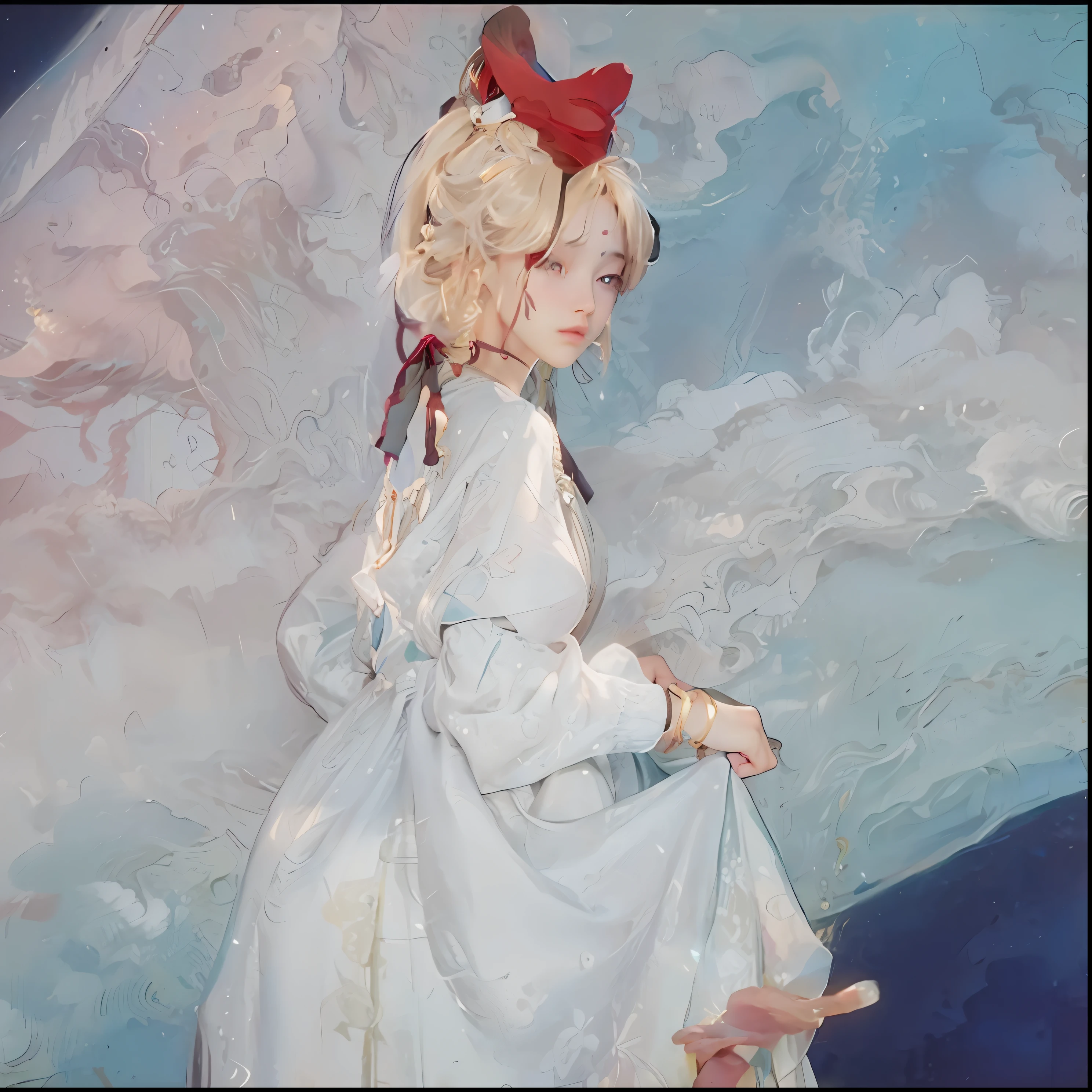 (RAW photo, best quality), (realistic, photo-realistic:1.3),best quality,highly detailed,masterpiece,ultra-detailed,illustration,1girl,upper_body,dynamic angle,world masterpiece theater,messy_long_hair,best quality,extremely detailed CG unity 8k wallpaper,ink,Amazing,cinematic lighting,lens_flare, dunhuang_style