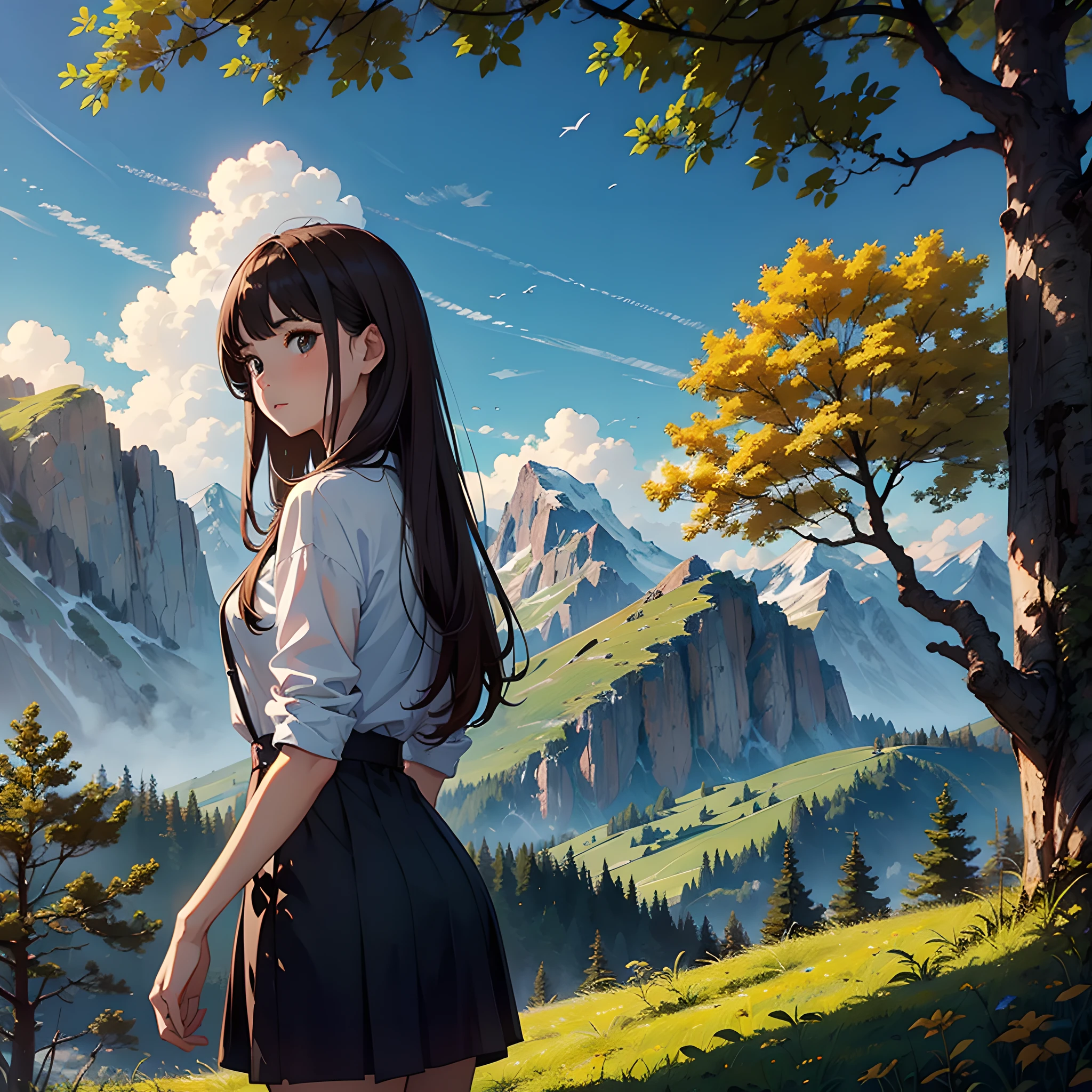 1girl, magic, mountain, brown hair, golden tree