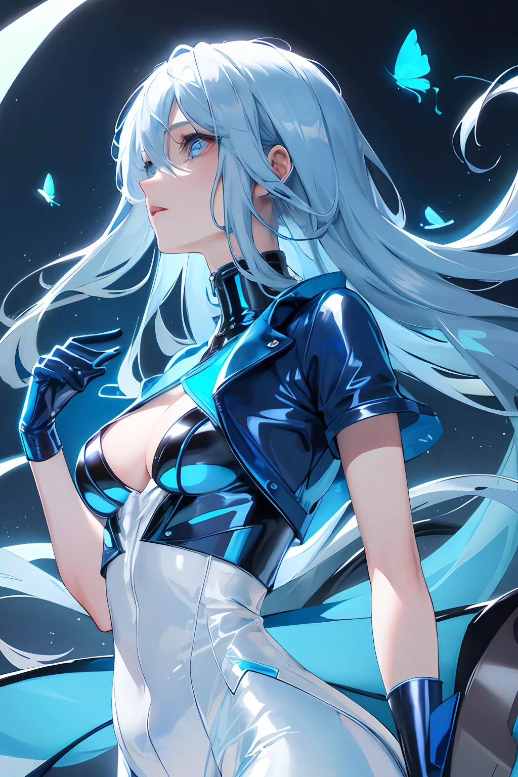 Glowing blue butterfly,Blue skinny latex jacket,1girll,blue colors,Long white hair, Masterpiece, Best quality,A high resolution,Detail enhancement,best qualtiy,Perfect image quality,Cool and elegant,Beautiful and gentle,cyber punk perssonage