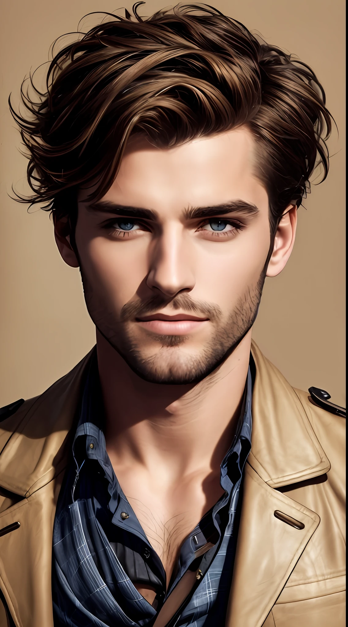 Image of a man with a leather jacket and blue shirt, Beautiful male, fresh tousled hair, beau visage attrayant, beautifull detailed face, male model, Homme attrayant, big messy hairstyle, inspired by Maximilian Cercha, handsome stunning realistic, beau visage masculin, Beau visage parfait, beau jeune homme, Awesome _ coiffure