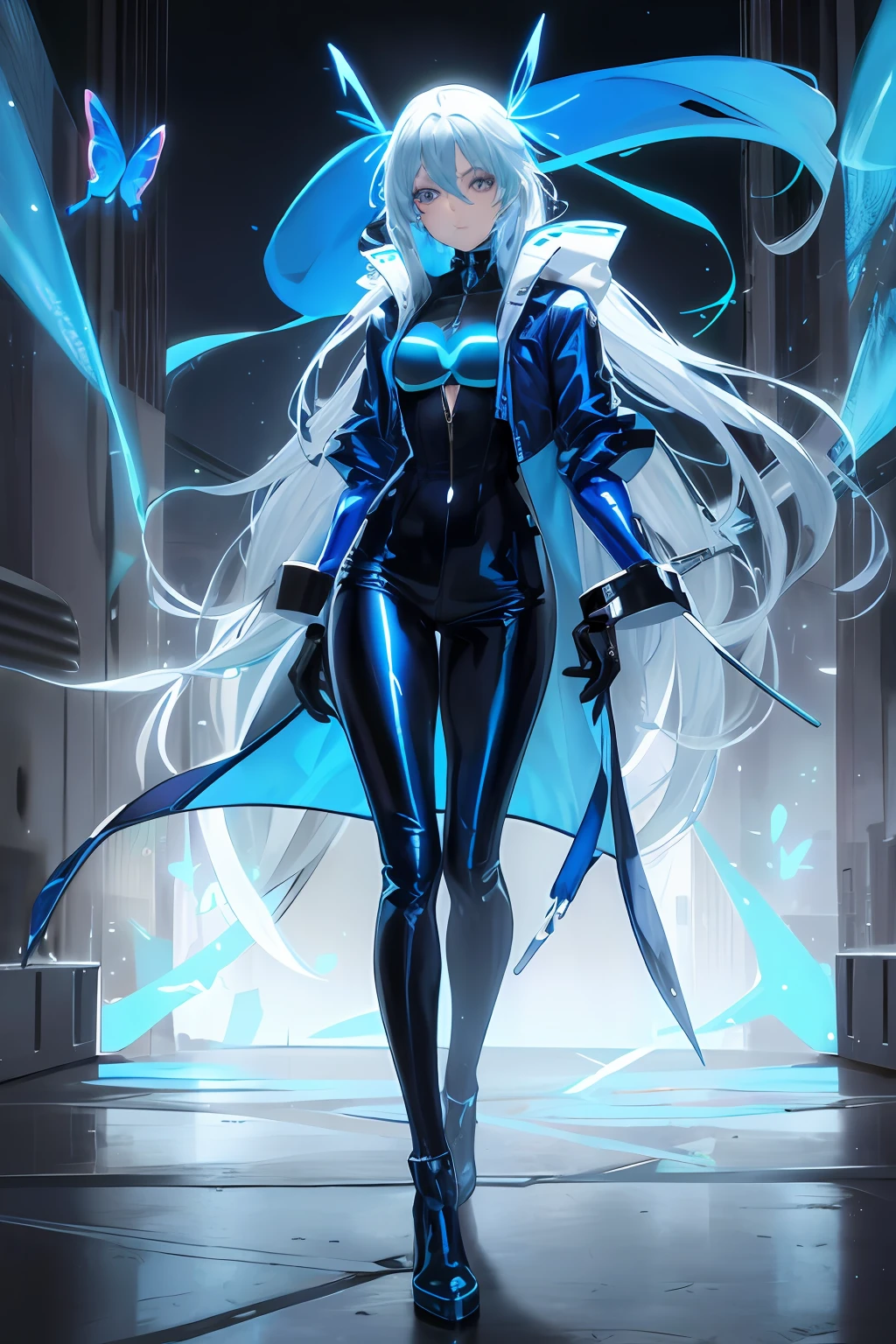 Glowing blue butterfly，Blue skinny latex jacket，1girll，blue colors，Long white hair， Masterpiece, Best quality,A high resolution,Detail enhancement，best qualtiy，Perfect image quality，Cool and elegant，Beautiful and gentle，cyber punk perssonage