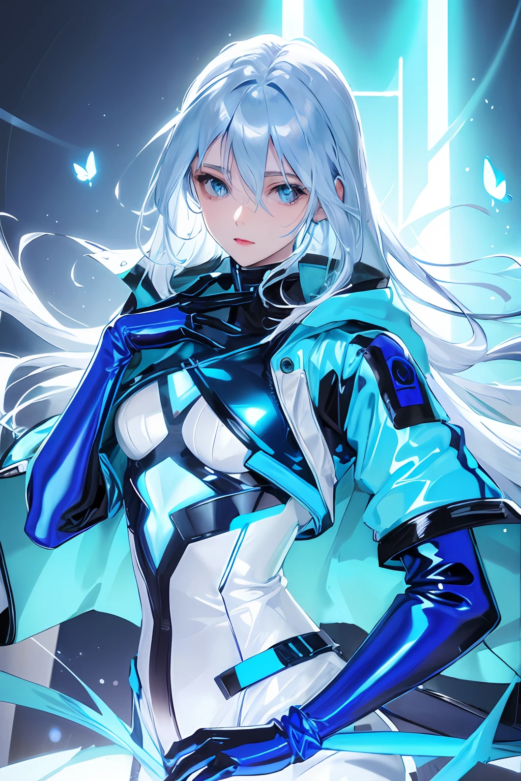 Glowing blue butterfly,Blue skinny latex jacket,1girll,blue colors,Long white hair, Masterpiece, Best quality,A high resolution,Detail enhancement,best qualtiy,Perfect image quality,Cool and elegant,Beautiful and gentle,cyber punk perssonage