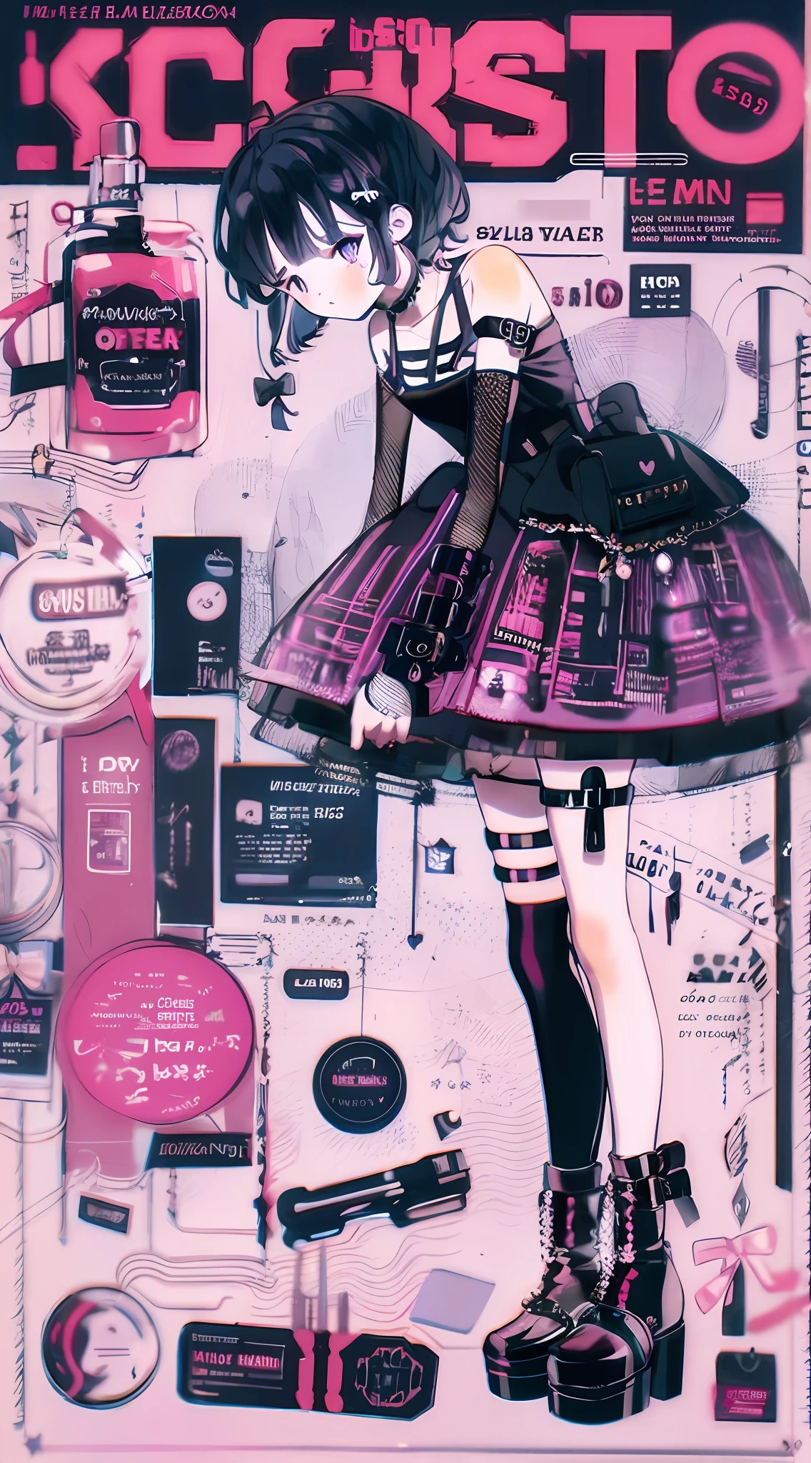 MagazineCover,poster for,offcial art,1girll,Personal illustrator,leg loops,leg holsters,mitts,(very intricate),Exquisite,Complex hairstyles,purple dress,Bow knot,Cross straps,bandagens,Y2K,E-girls,Emotional,non-mainstream,Love decoration,subculture,Sick,laughingly,(Avant-garde and innovative clothing design),Socks with a sense of design,waist chains,platform footwear,Glowing ornaments,Long boot leg covers,thongs,cyber punk perssonage,fashion magazine,Grim expression