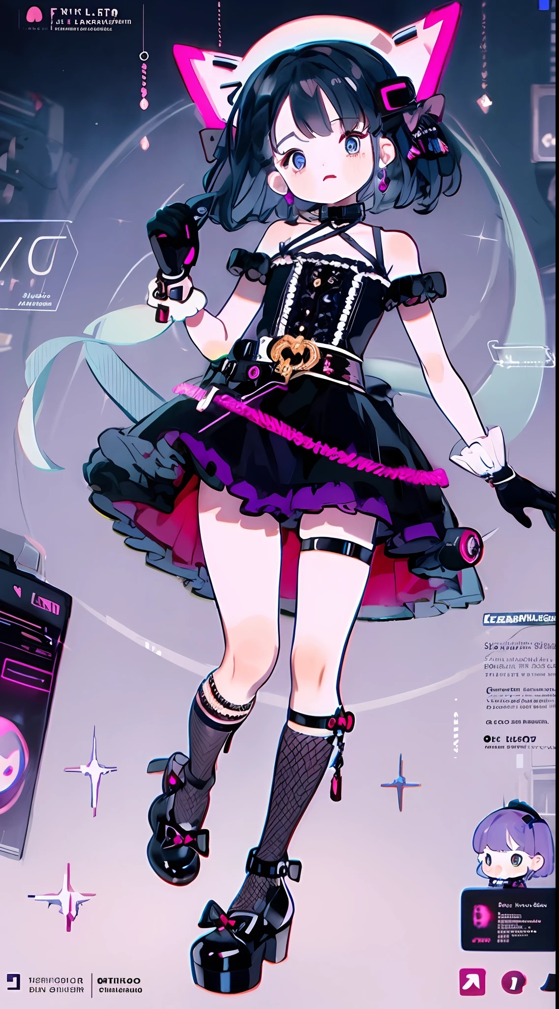 1girll,Personal illustrator,leg loops,leg holsters,mitts,very intricate,Exquisite,Complex hairstyles,Purple skirt,frilld,short skirt,Bow knot,Cross straps,bandagens,Y2K,E-girls,Emotional,non-mainstream,dynamicposes,Dramatic composition,Love decoration,subculture,Sick,laughingly,Avant-garde and innovative clothing design,Black fishnet socks,waist chains,platform footwear,Glowing ornaments,LED light,Long boot leg covers,thongs,cyber punk perssonage,Opal-like sparkling eyes,Carefully portray the eyes