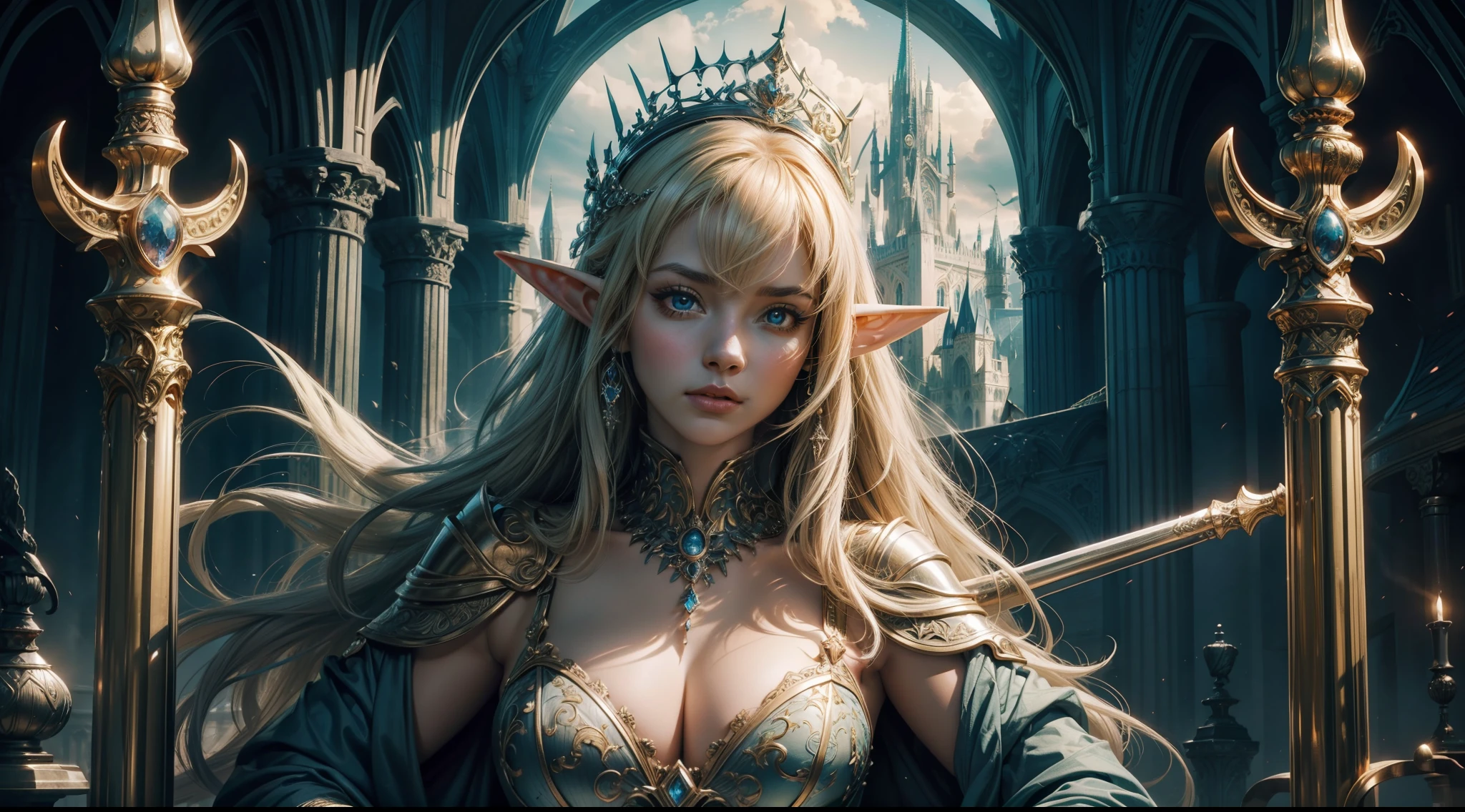 （Award-winning digital artwork：1.3） af （sketching：1.3），（with dynamism：1.3），（Saturation：1.3），（Close portrait：1.3），（femele：1.4），（big breasts beautiful： 1.4),(carismatic:1.3),Female elf，magnificent robe，complex patterns，Perfect Detailed Eyes，The background is the castle，Large breasts，Film filter, ，dramatics，dynamicposes，illusory engine， (High detail: 1.9)，mystic symbols，（（Glowing scepter））