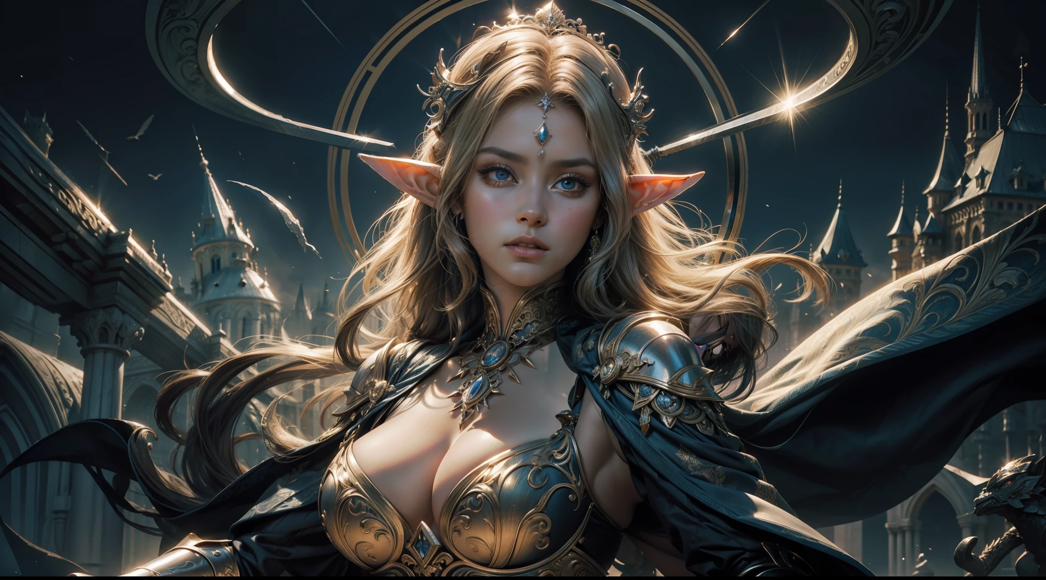 (Award-winning digital artwork:1.3) af (sketching:1.3),(with dynamism:1.3),(Saturation:1.3),(Close portrait:1.3),(femele:1.4),(big breasts beautiful: 1.4),(carismatic:1.3),Female elf,magnificent robe,complex patterns,Perfect Detailed Eyes,The background is the castle,Large breasts,Film filter, ,dramatics,dynamicposes,illusory engine, (High detail: 1.9),mystic symbols,((Glowing scepter))