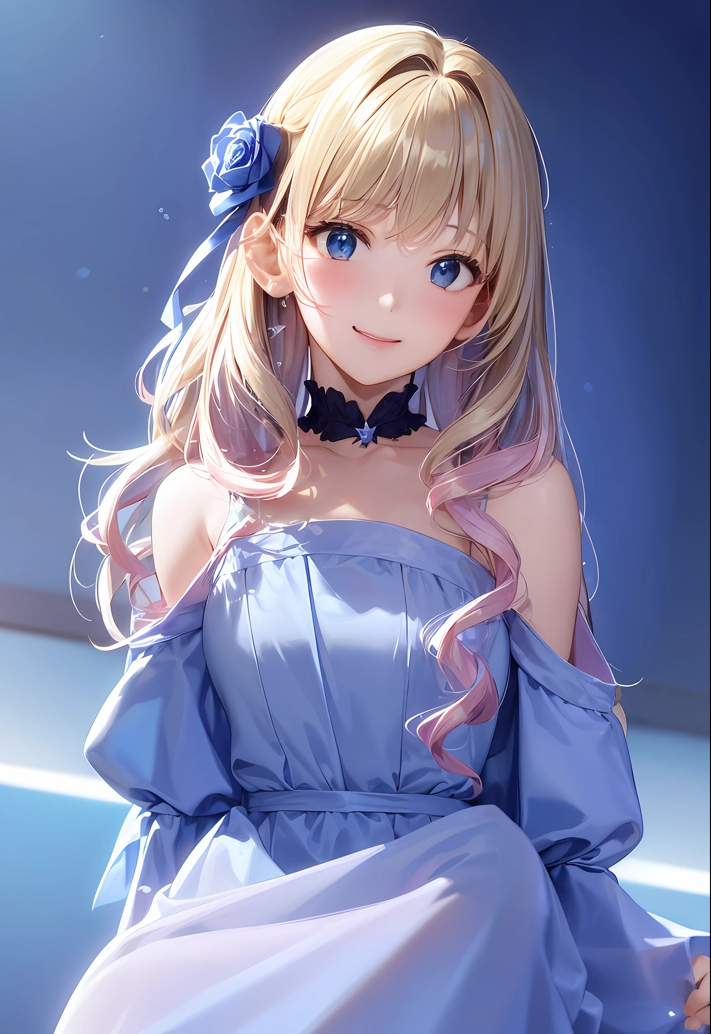 (8K、top-quality、masterpiece:1.2)、(realisitic、Photorealsitic:1.37)、ultra-detailliert、女の子 1 人、cute little、独奏、mid night、Beautiful detailed sky、Detailed Cafe、sitting on、date、(Nasal blush)、 (Smile:1.15)、(Keep your mouth shut)small tits、Beautiful fine eyes、Floating Hair NovaFrogStyle、Dress with open back、Blue Rose Accessories、Blue roses background、Pink dress
