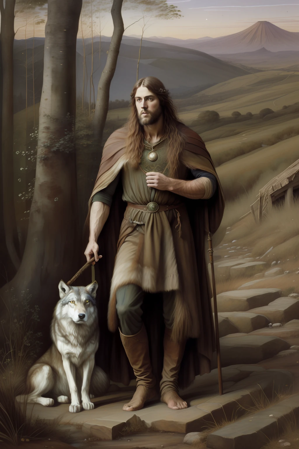 "(Pre-Raphaelite-style painting of a druid wearing wolf's skin, rustic man, velho, pele de lobo, noite, pale)"