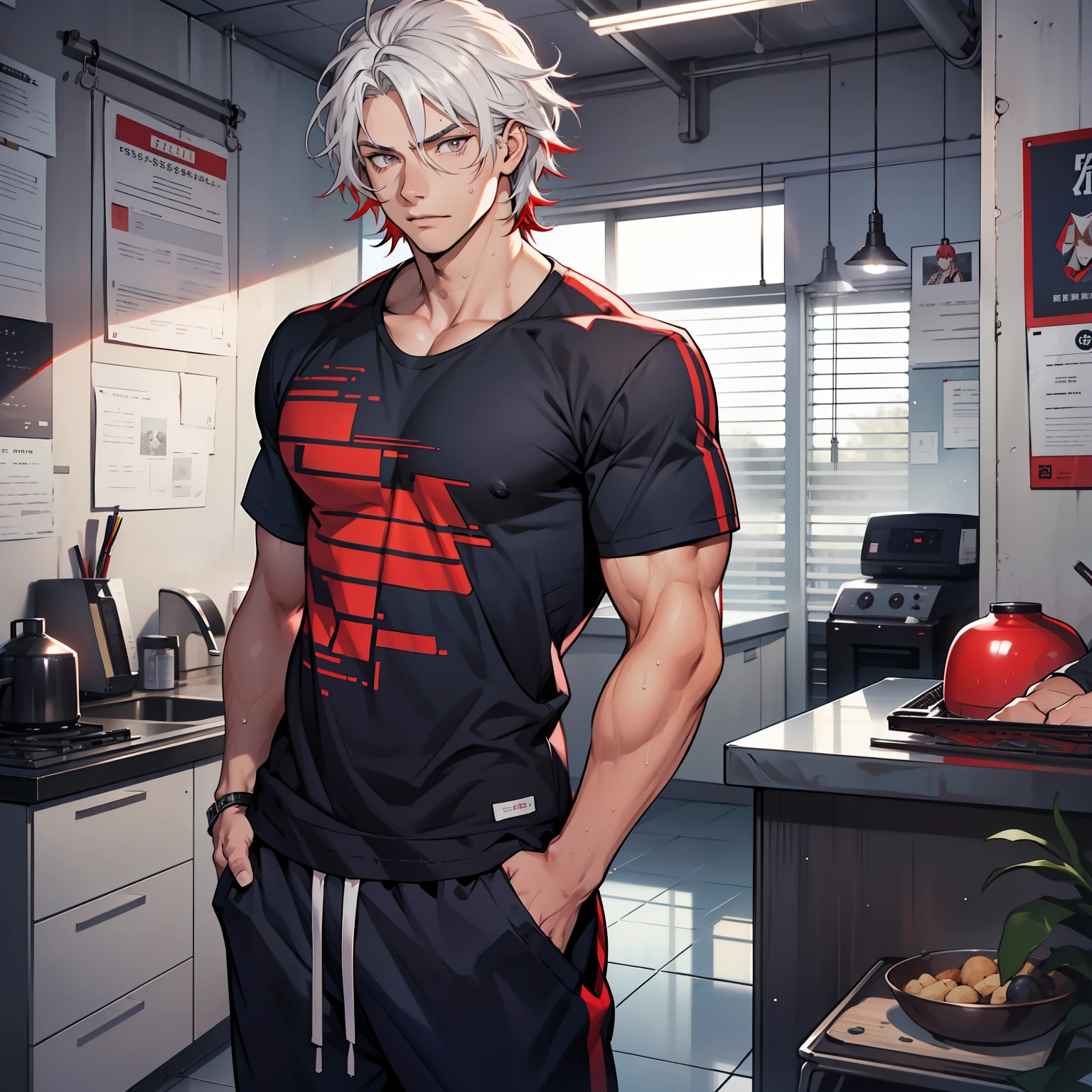 Jesse is tall He has white hair with red tips, and sharp grey eyes, they're so beautiful to look at. His hair is a bit wavy and he has a beautifully toned body. Muscular male. Jesse is seen wearing black sweat pants and wearing a baggy navy blue shirt. Red hair stripes