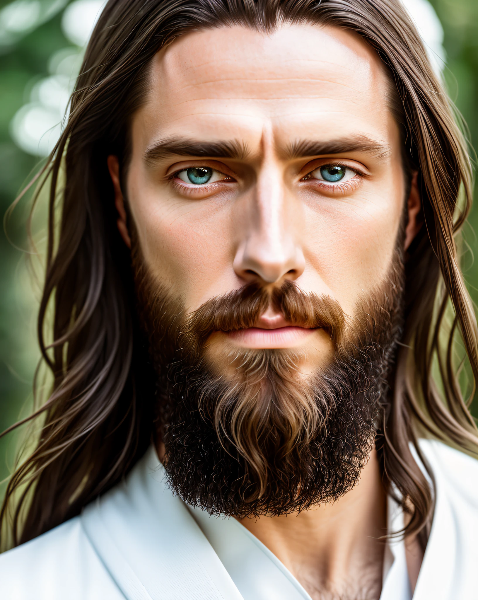 (symmetry),centered,a ((close)) up portrait,(Jesus),a very thin white man with long hair and a beard,wearing a long white robe,35mm,natural skin,clothes  detail, 8k texture, 8k, insane details, intricate details, hyperdetailedhighly detailed,realistic,soft cinematic light,HDR,sharp focus, ((((cinematic look)))),intricate, elegant, highly detailed