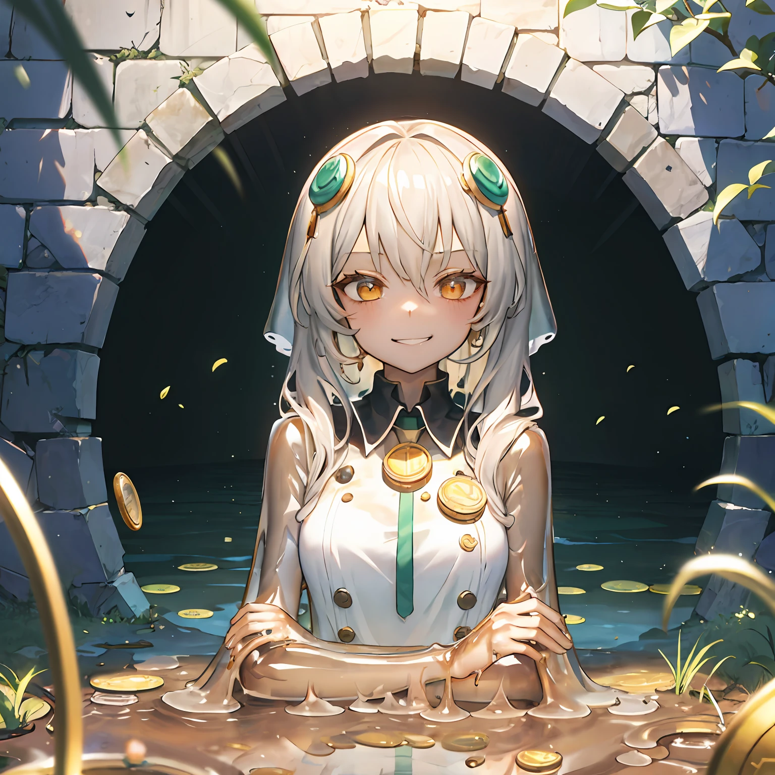 (Sunk in Ground),Brown Slime Girl,Transparent body,Upper body,coin,smirk