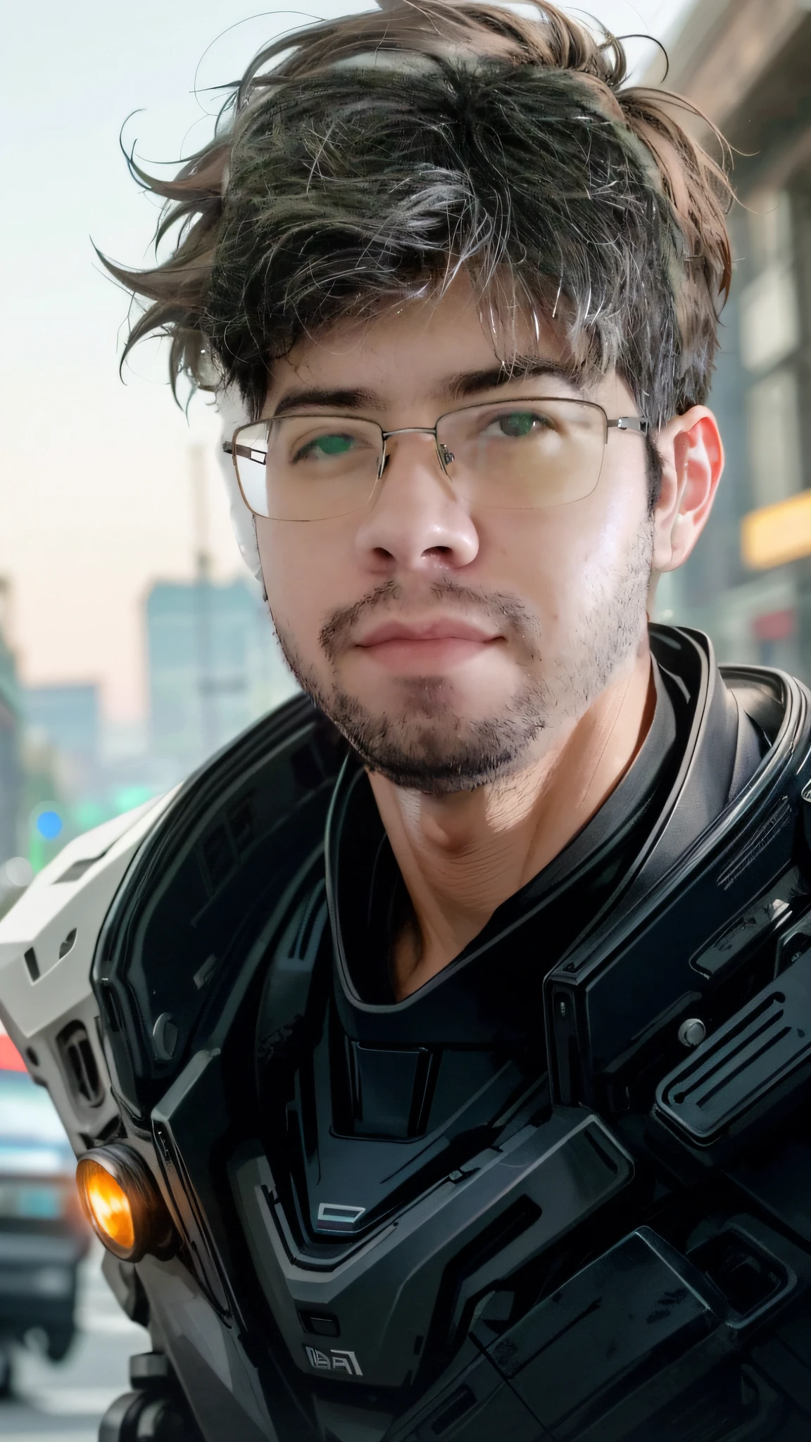 Portrait photo of an handsome male  ,perfect eyes ,  in a worn mecha exosuit,((light bokeh)), intricate, (steel metal [rust]), elegant, sharp focus, photo by greg rutkowski, soft lighting, vibrant colors, masterpiece, ((streets)), detailed face