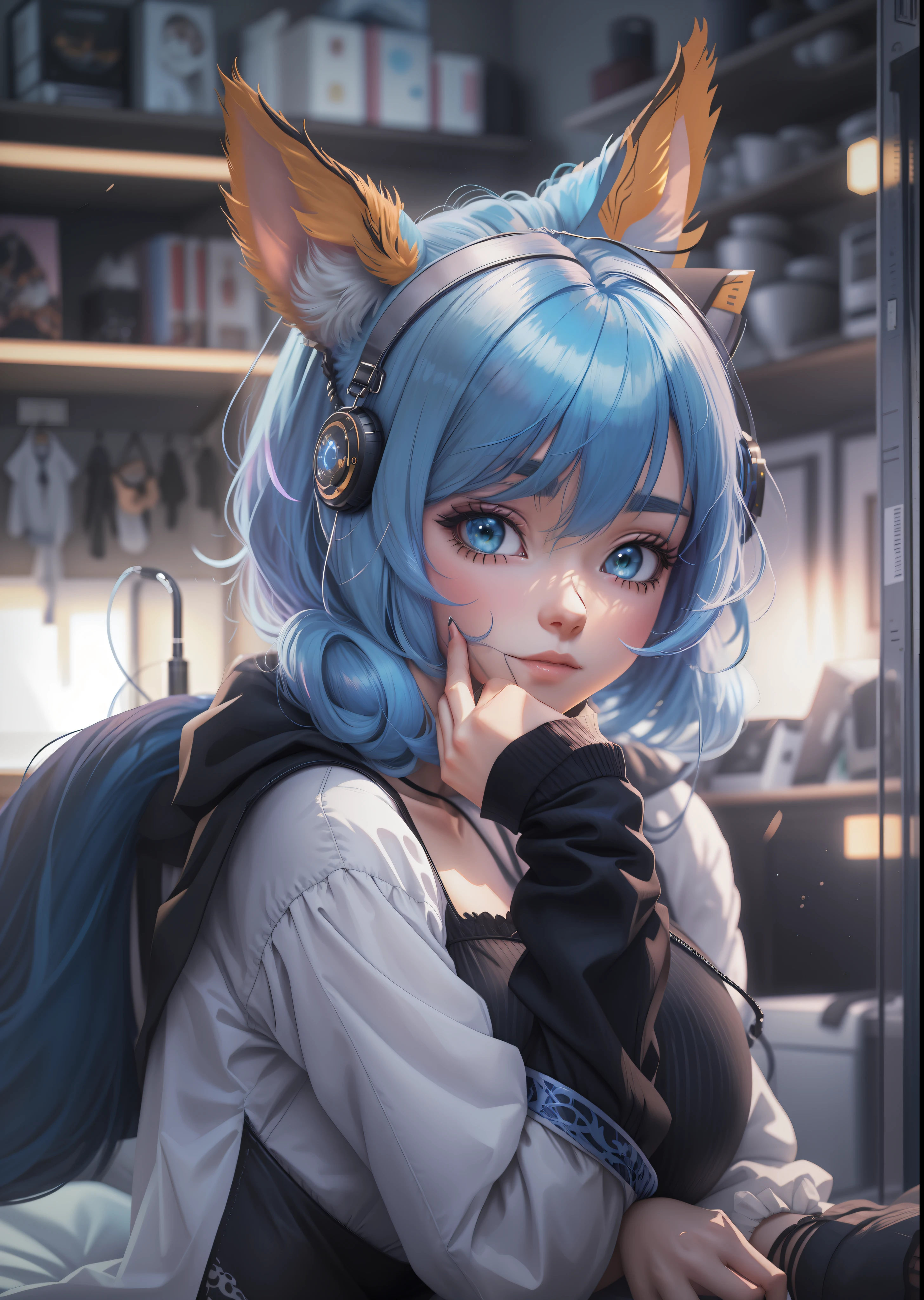 Anime girl with blue hair and black stockings posing in a room, seductive anime girl, beautiful seductive anime woman, extremely detailed artgerm, beautiful anime girl, attractive anime girl, anime style 4k, beautiful anime woman, 4k manga wallpaper, 4k anime wallpaper, anime girl, anime girl, anime wallpaper 4k, anime wallpaper 4k, cat ears, fake animal ears, glowing light, 4K, anatomically correct, super detail, best quality,  Masterpiece