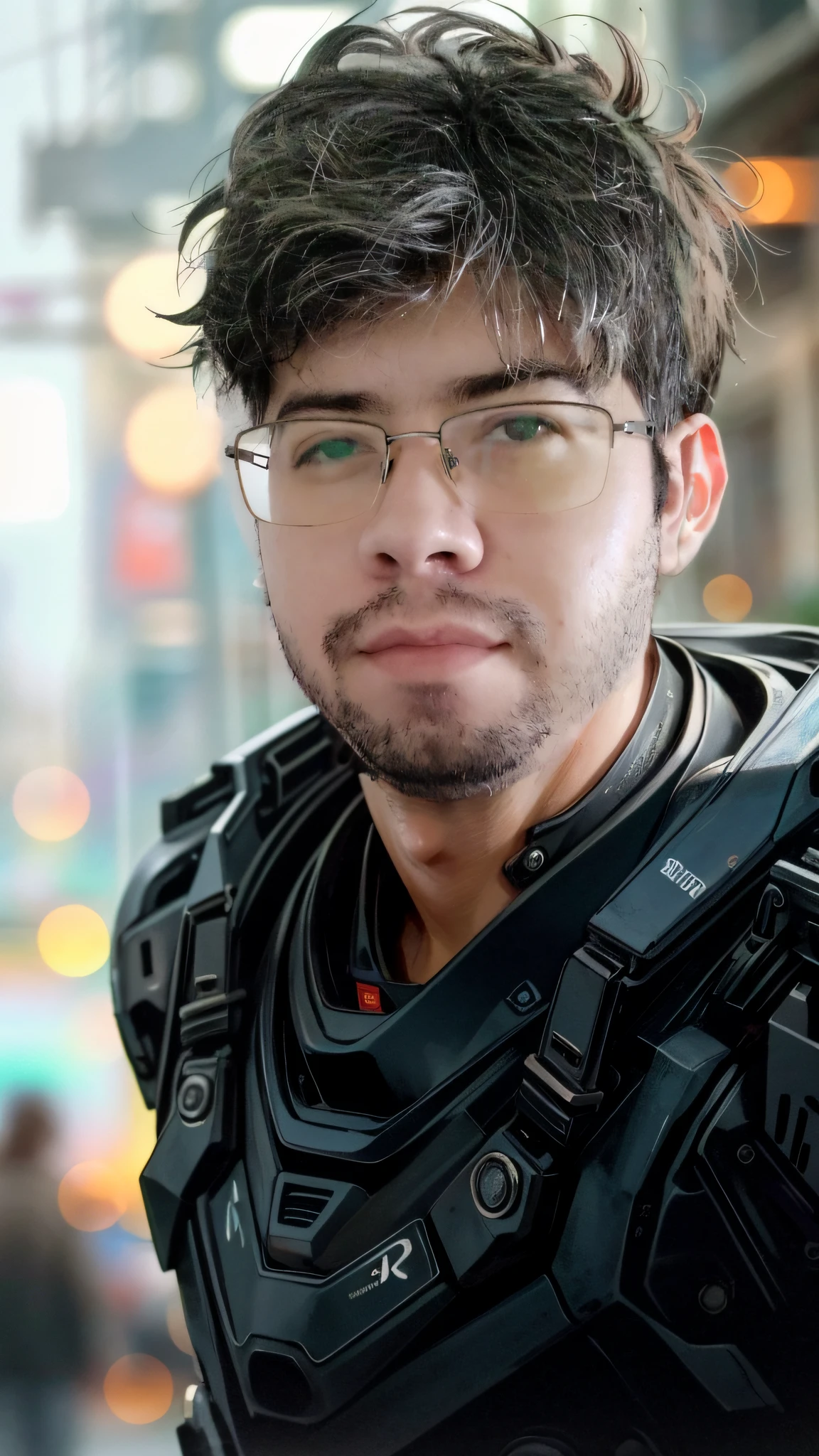 Portrait photo of an handsome male  ,perfect eyes ,  in a worn mecha exosuit,((light bokeh)), intricate, (steel metal [rust]), elegant, sharp focus, photo by greg rutkowski, soft lighting, vibrant colors, masterpiece, ((streets)), detailed face