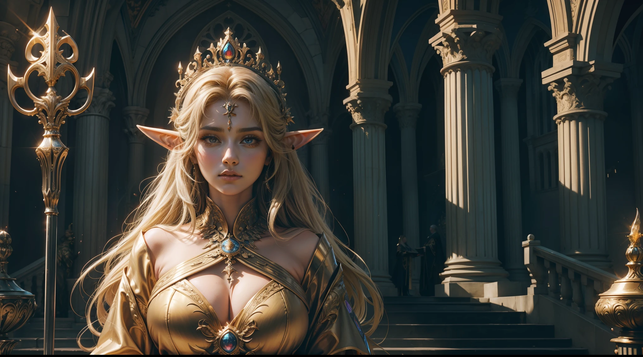 （Award-winning digital artwork：1.3） af （sketching：1.3），（with dynamism：1.3），（Saturation：1.3），（Close portrait：1.3），（femele：1.4），（big breasts beautiful： 1.4),(carismatic:1.3),Female elf，magnificent robe，complex patterns，Perfect Detailed Eyes，The background is the castle，Large breasts，Film filter, ，dramatics，dynamicposes，illusory engine， (High detail: 1.9)，mystic symbols，（（Glowing scepter））