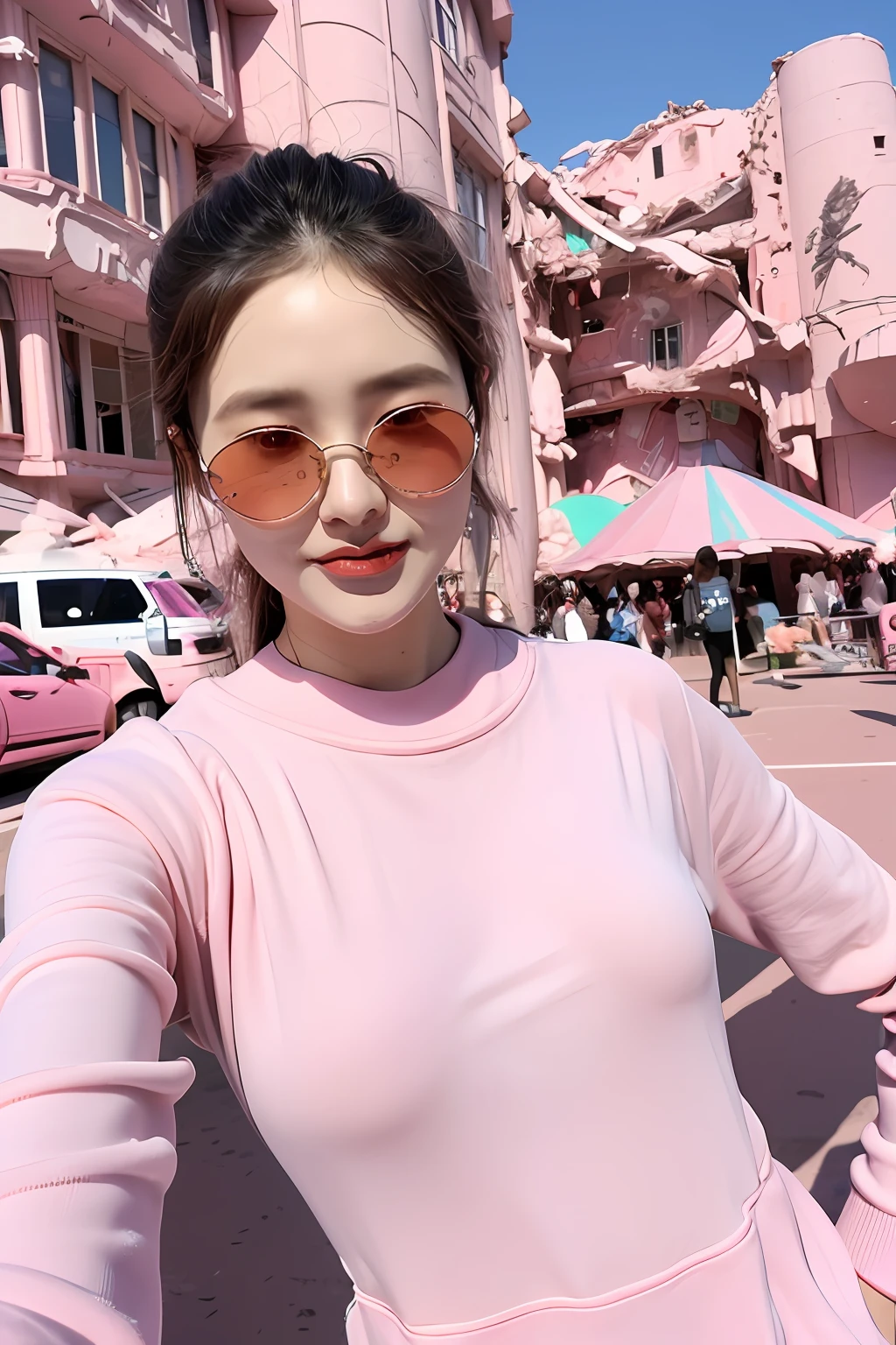 (extra detailed body、extra detailed face、best qualtiy:1.2)、femele、looking at the viewers、(Flashy pink goofy clothes)、(Pink distorted architectural chaos in the background:1.4)Midjourney Worldview、Pink on the head、Round futuristic sunglasses、
