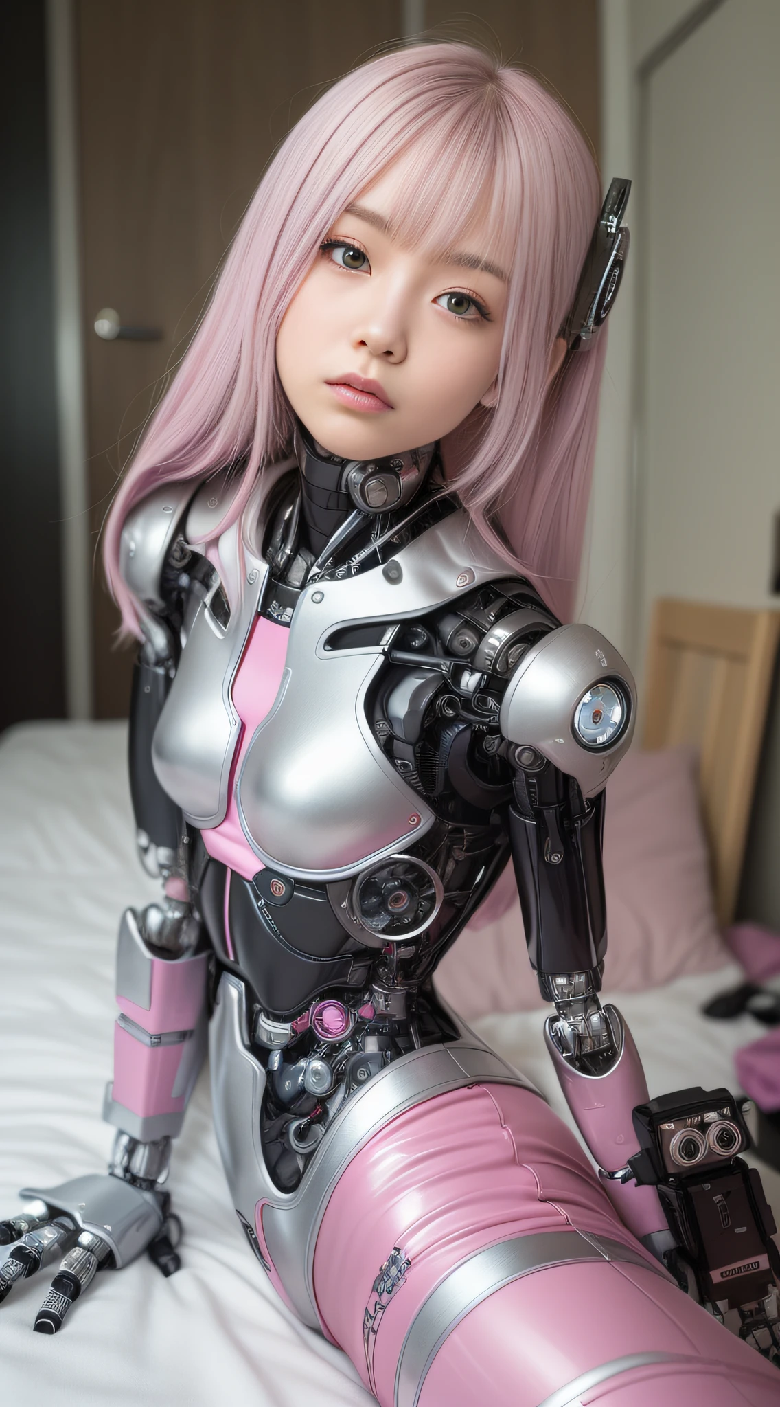 (Photorealsitic:1.4)、Onegirl、(top-quality),(hyperdetailed face)、(Super well-formed face)、((Robot Parts))、(Cyborg girl)、(Silver)、(metalic)、(fullllbody)、(sexy  pose)、(Slender body)、(Model body type)、(full body mech)、(mecha exposure)、(akihabara)、(is looking at the camera)、(A dark-haired)、(１０Head and body)、(a small face)、(Idol)、(front facing)、(lying on one's side on bed)、(Photo session)、(Looks sad)、(Cyborg girl in pink dress)、(sleeve less)、(a miniskirt)