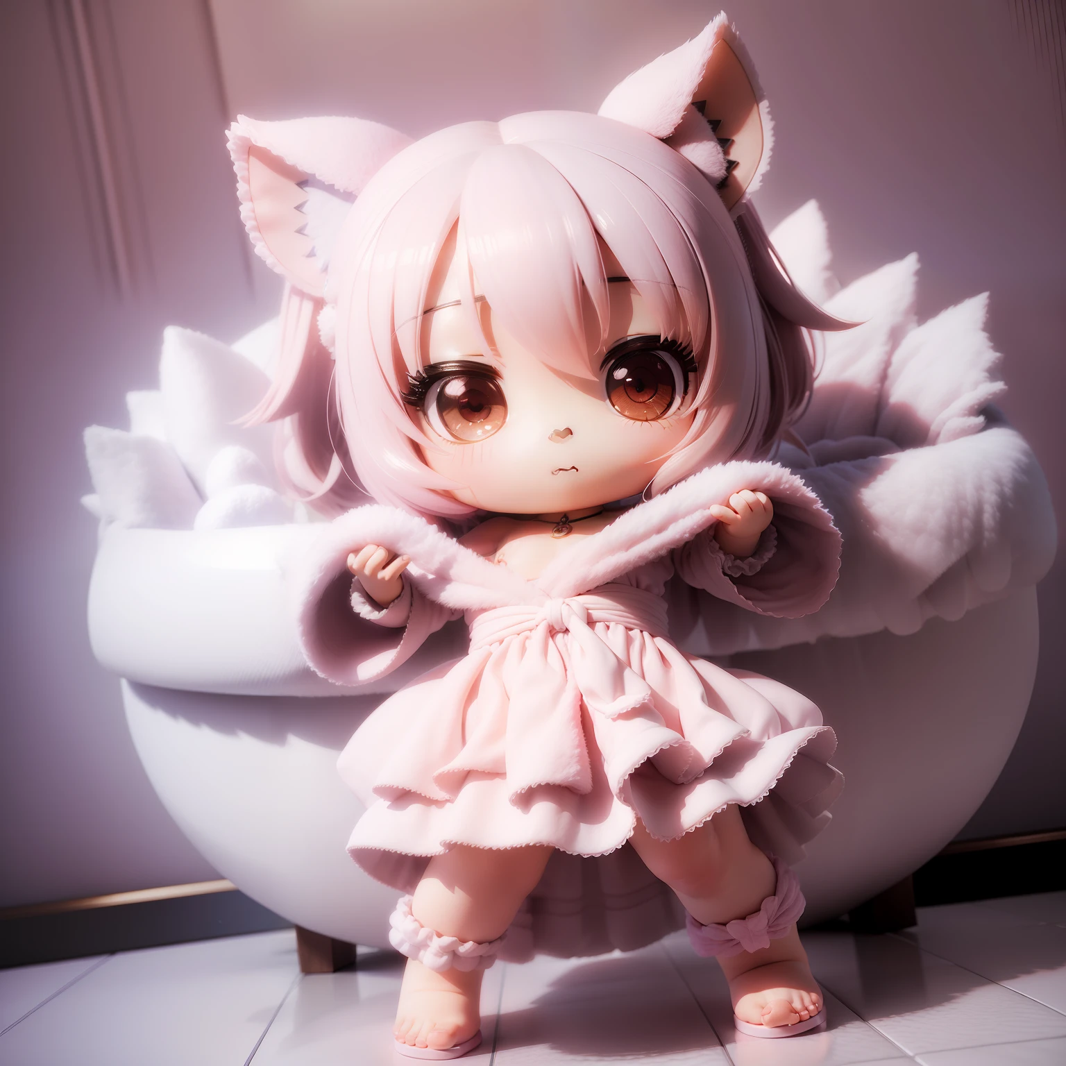 (((chibi3d))),a very  cute  and beautiful chibi anime/insanely detailed fluffy colored toweling gown:1.4),
bathroom,🌫️,