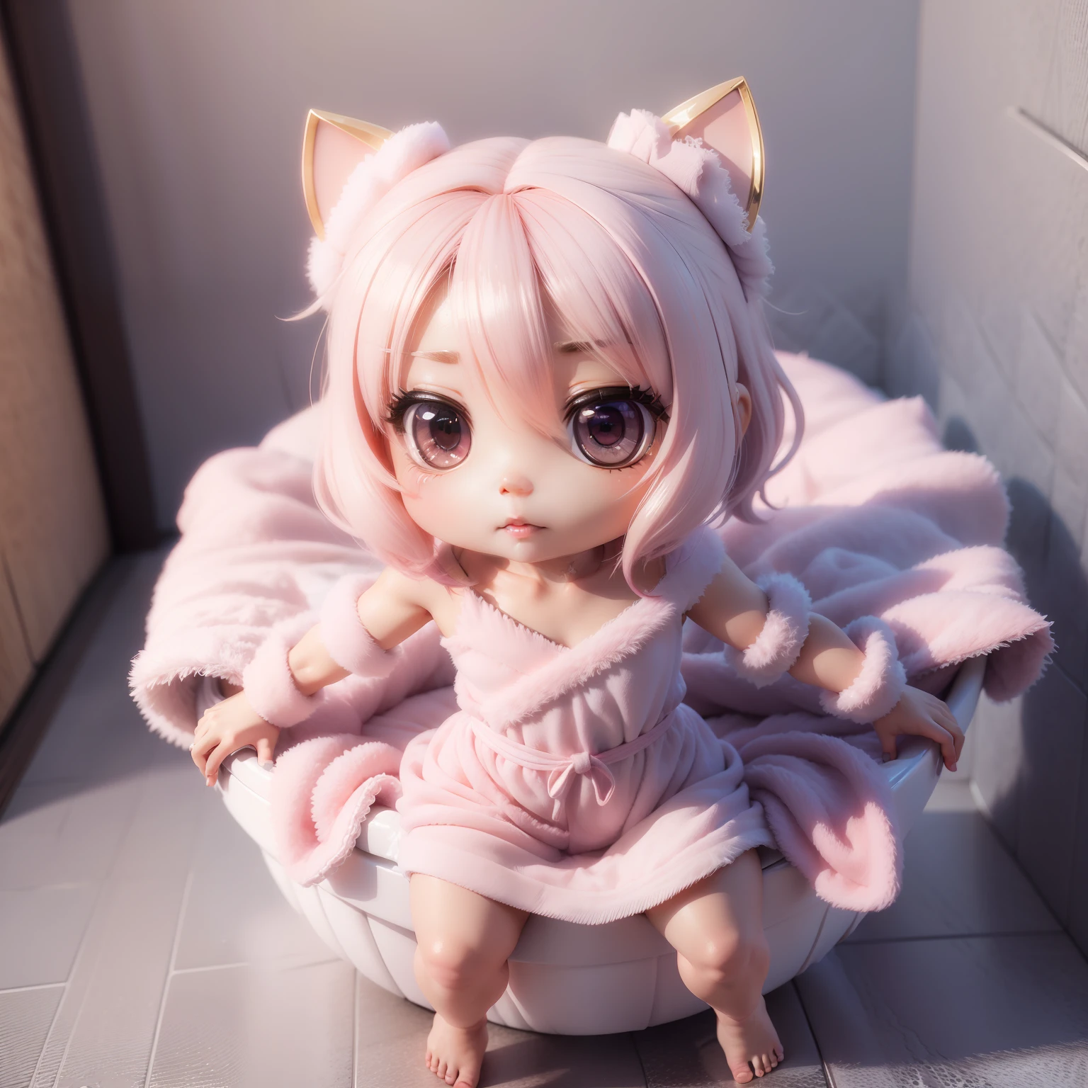 (((chibi3d))),a very cute and beautiful chibi anime/insanely detailed fluffy colored toweling gown:1.4),
bathroom,🌫️,