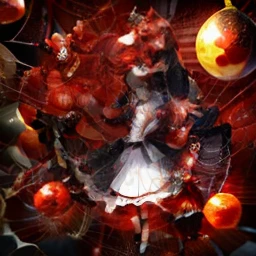 Girl fused with a spider. Kimono Maid Clothing. Spider web costume. Spider legs from the skirt. Inside the mansion. Four sparkling red spheres hair ornaments. sharp claws. Chess.
