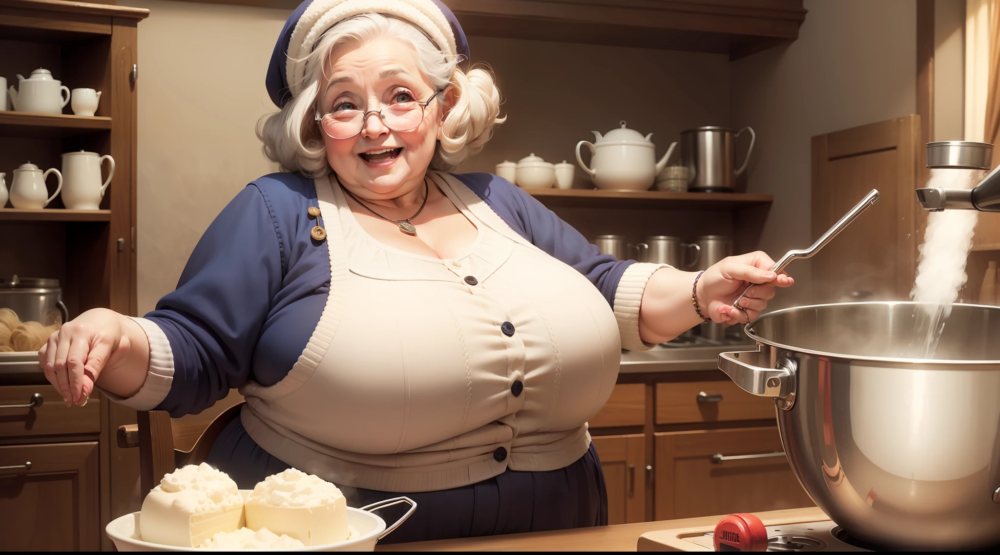 Fat and very happy grandma, Classic wool clothing, with a mixer in your hands