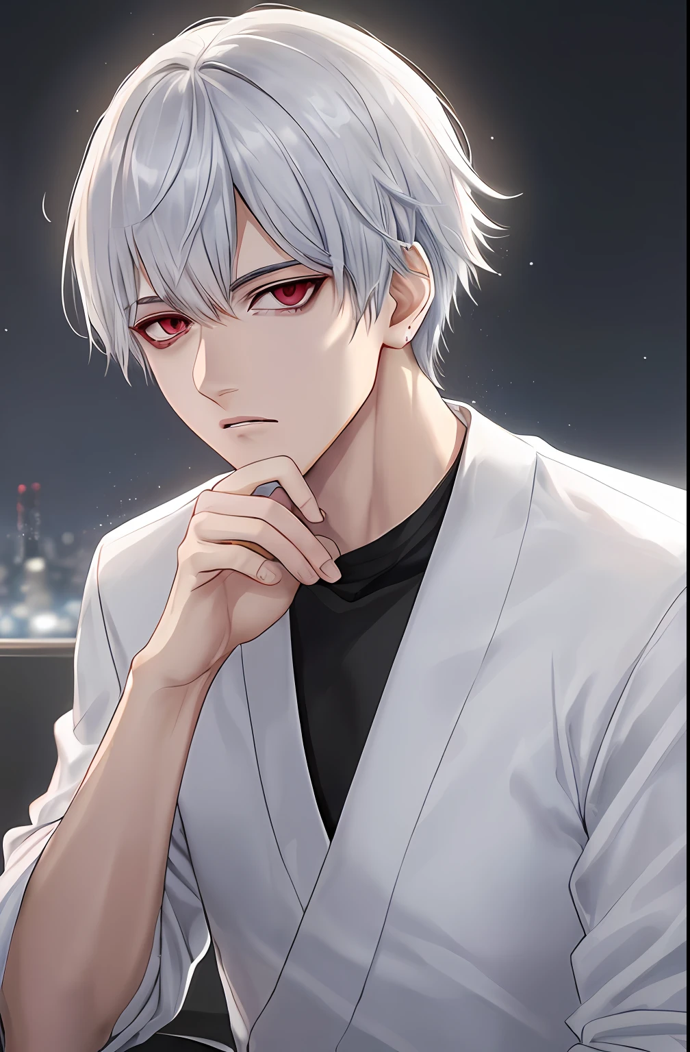 kk, melhor qualidade, mais detalhes, obra-prima, 1boy, kaneki ken, retrato, foco masculino, olhos sharingan, solo, franja, olhando para o espectador, capuz preto, cabelo curto, chuva, tokyo tokyo \(cidade\), capuz, nail polish, cabelo branco, luxuoso, 8k, detalhado, ray tracing, profundidade de campo, cinematic lighthing,