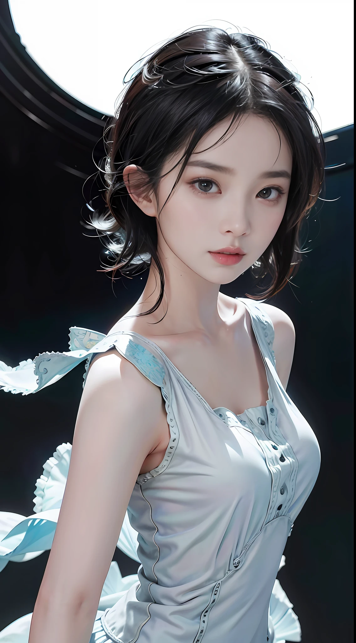 masterpiece, 1 beautiful girl, detailed eyes, puffy eyes, best quality, ultra high definition, (reality: 1.4), original photo, 1girl, cinematic lighting, Japan, asian beauty, korean, super beautiful, beautiful skin, slender, body facing front, (ultra-realistic), (high resolution), (8K), (very detailed), (best illustration), (beautifully detailed eyes), (ultra detailed) , detailed face, looking at the viewer, facing straight ahead, neat clothes, sleeveless, short hair, black hair, 46 points diagonal bangs, room based on white background tone, neat atmosphere,