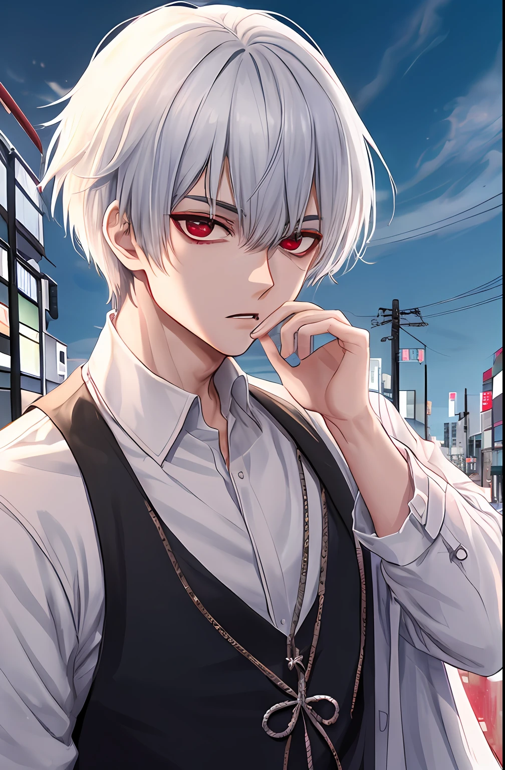 kk, melhor qualidade, mais detalhes, obra-prima, 1boy, kaneki ken, retrato, foco masculino, olhos sharingan, solo, franja, olhando para o espectador, capuz preto, cabelo curto, chuva, tokyo tokyo \(cidade\), capuz, nail polish, cabelo branco, luxuoso, 8k, detalhado, ray tracing, profundidade de campo, cinematic lighthing,