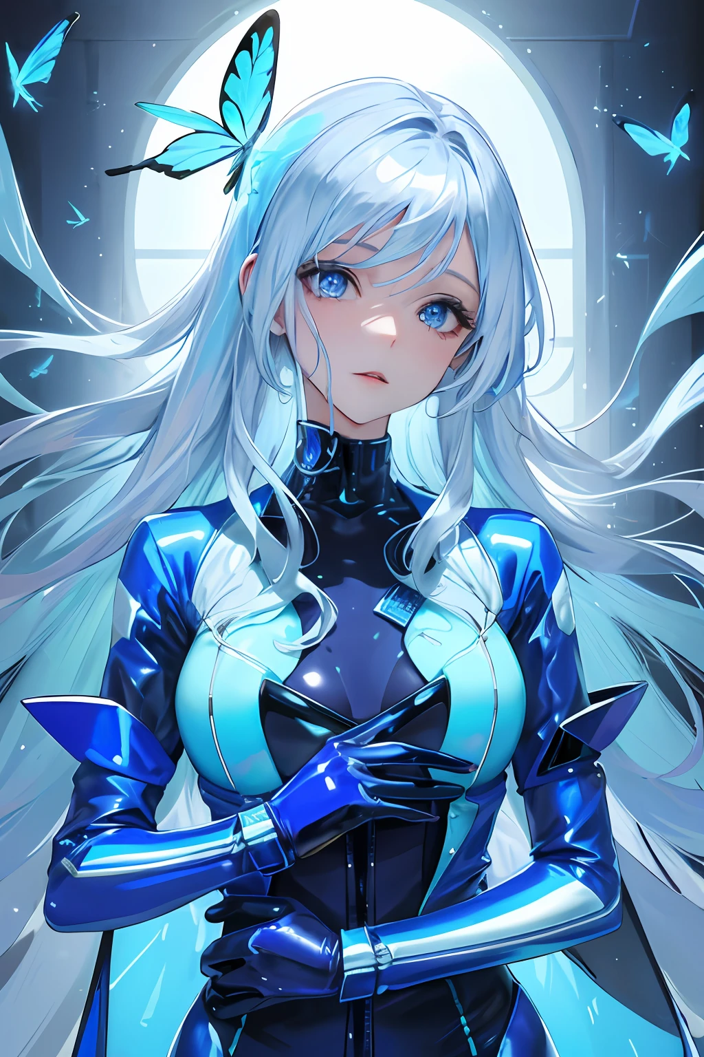 Glowing blue butterfly,Blue skinny latex jacket,1girll,blue colors,Long white hair, Masterpiece, Best quality,A high resolution,Detail enhancement,best qualtiy,Perfect image quality,Cool and elegant,Beautiful and gentle,cyber punk perssonage