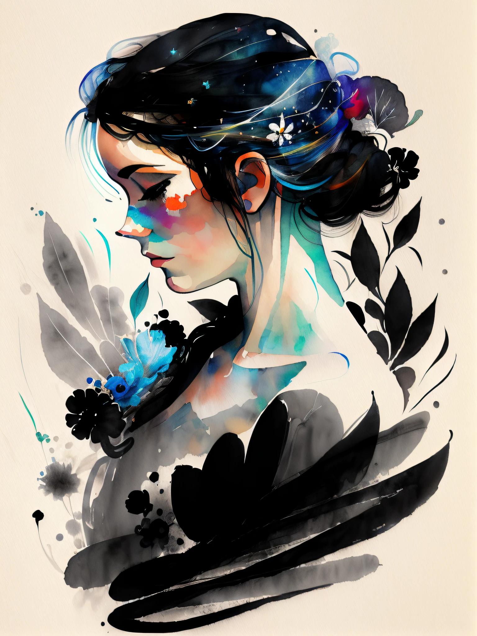 1girl ((Anna Dittmann)) portrait, floral, watercolor sketch, light, watery, abstract, brushstrokes, negative space (masterpiece, high quality)