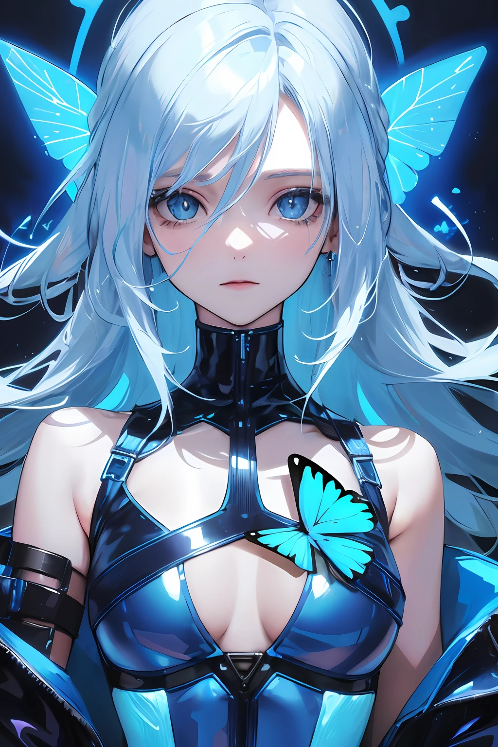 Glowing blue butterfly,Blue skinny latex jacket,1girll,blue colors,Long white hair, Masterpiece, Best quality,A high resolution,Detail enhancement,best qualtiy,Perfect image quality,Cool and elegant,Beautiful and gentle,cyber punk perssonage